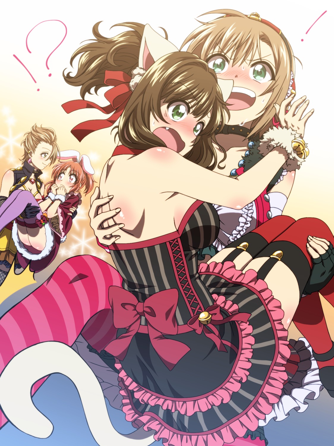 abe_nana, animal_ears, bunny_ears, cleavage, dress, fishnets, kimura_natsuki, maekawa_miku, nekomimi, nopan, stockings, tada_riina, tail, the_idolm@ster, the_idolm@ster_cinderella_girls, thighhighs, yakiniku
