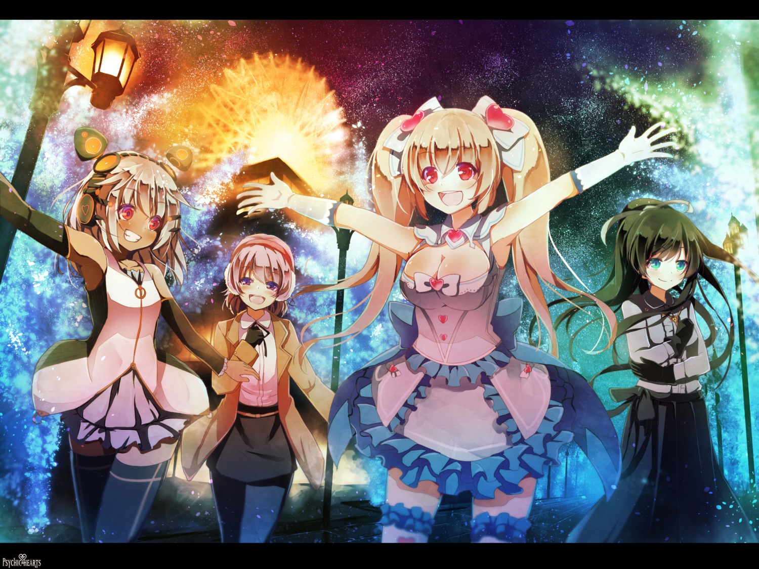 cleavage, dennryuurai, headphones, no_bra, pantyhose, psychic_hearts, thighhighs