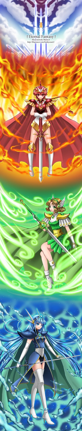 armor, dress, heels, hououji_fuu, magic_knight_rayearth, ryuuzaki_umi, shainea, shidou_hikaru, sword, thighhighs, weapon