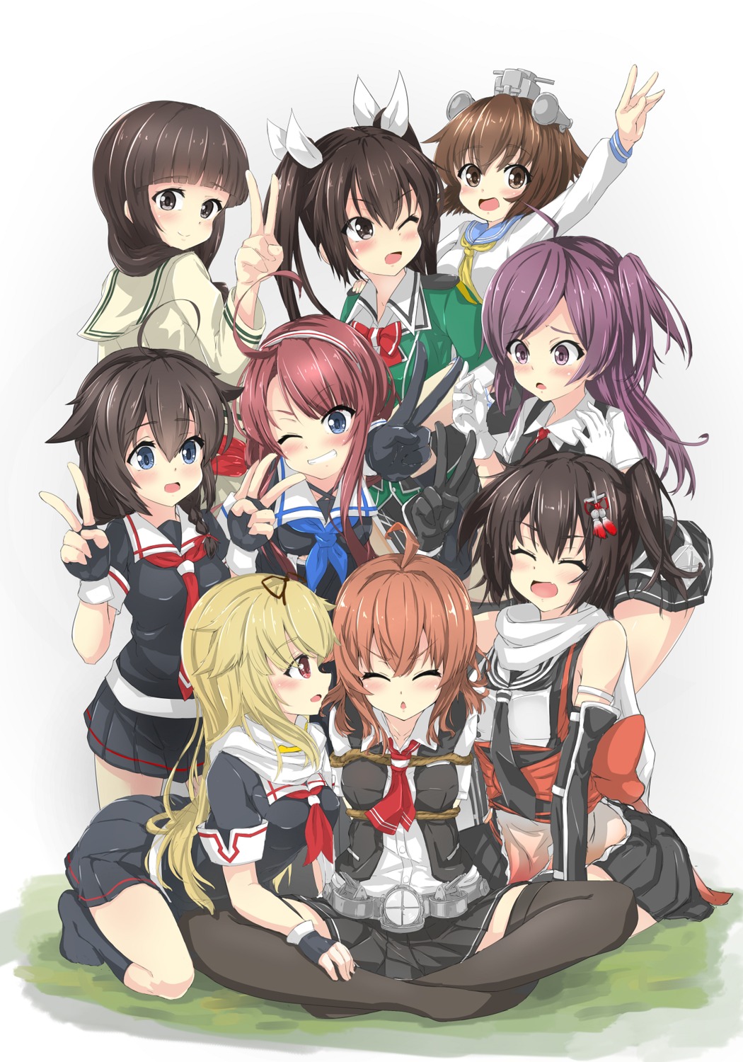akaikonomi, arashi_(kancolle), hagikaze_(kancolle), kantai_collection, kawakaze_(kancolle), kitakami_(kancolle), seifuku, sendai_(kancolle), shigure_(kancolle), thighhighs, tone_(kancolle), yukikaze_(kancolle), yuudachi_(kancolle)