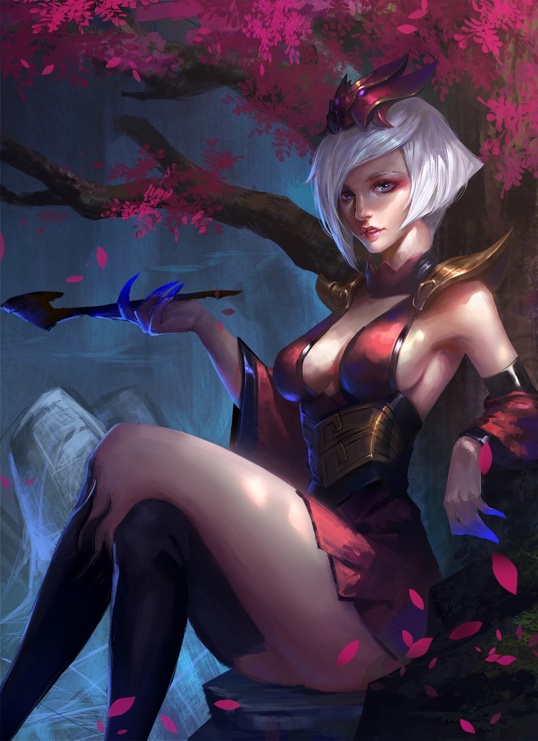 armor, cleavage, elise_(league_of_legends), league_of_legends, no_bra, smoking, x.four