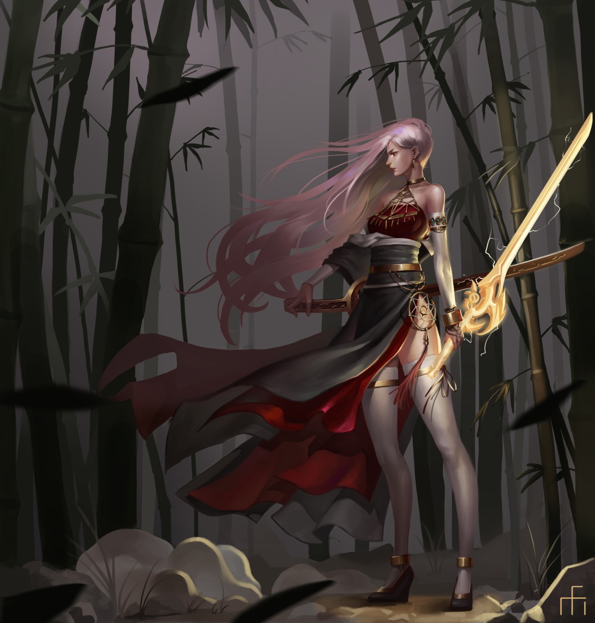 dress, heels, midfinger22, sword, thighhighs