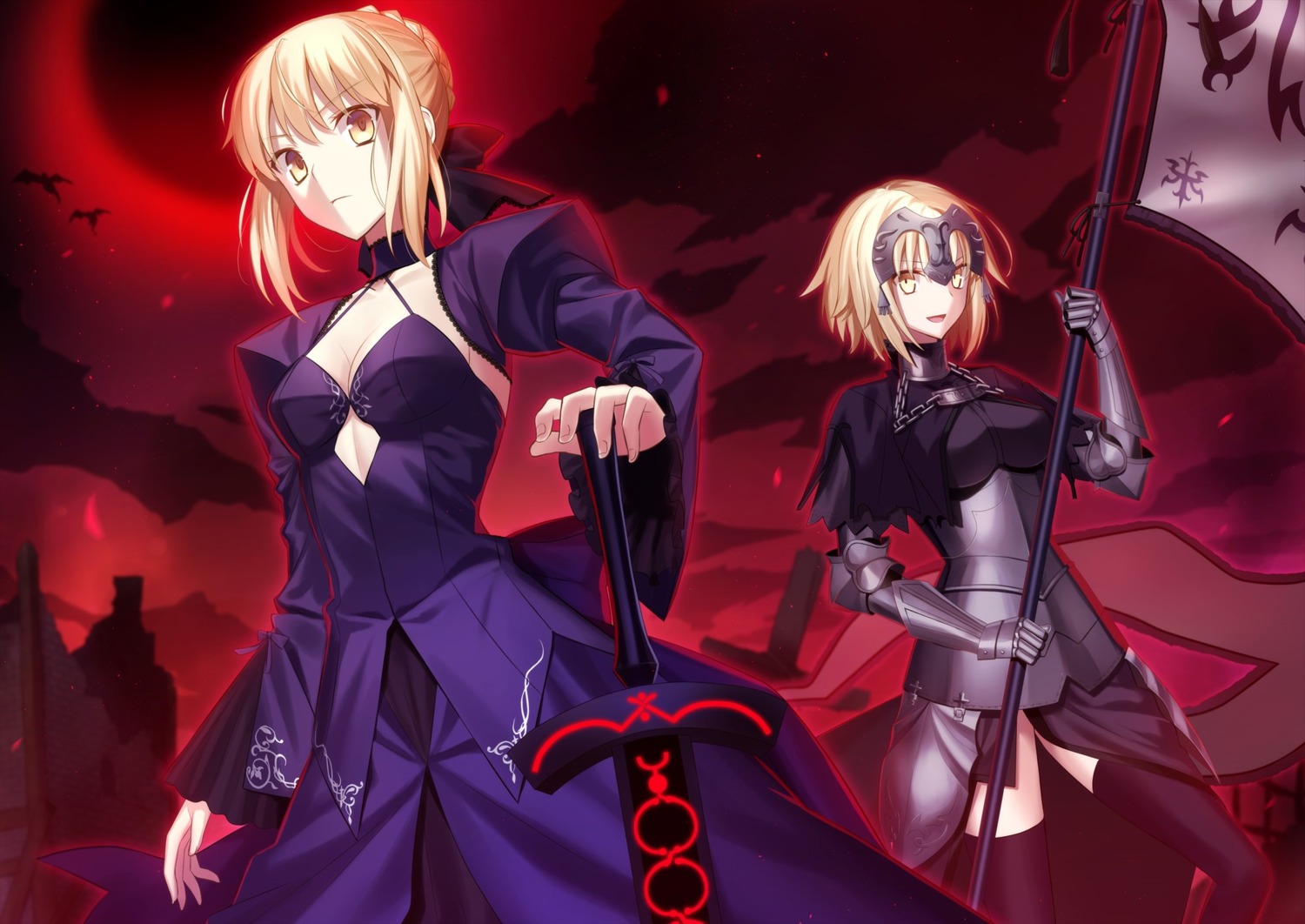 armor, artoria_pendragon_(fate), artoria_pendragon_alter_(fate), cleavage, dress, fate/grand_order, fuyuki_(neigedhiver), jeanne_d'arc