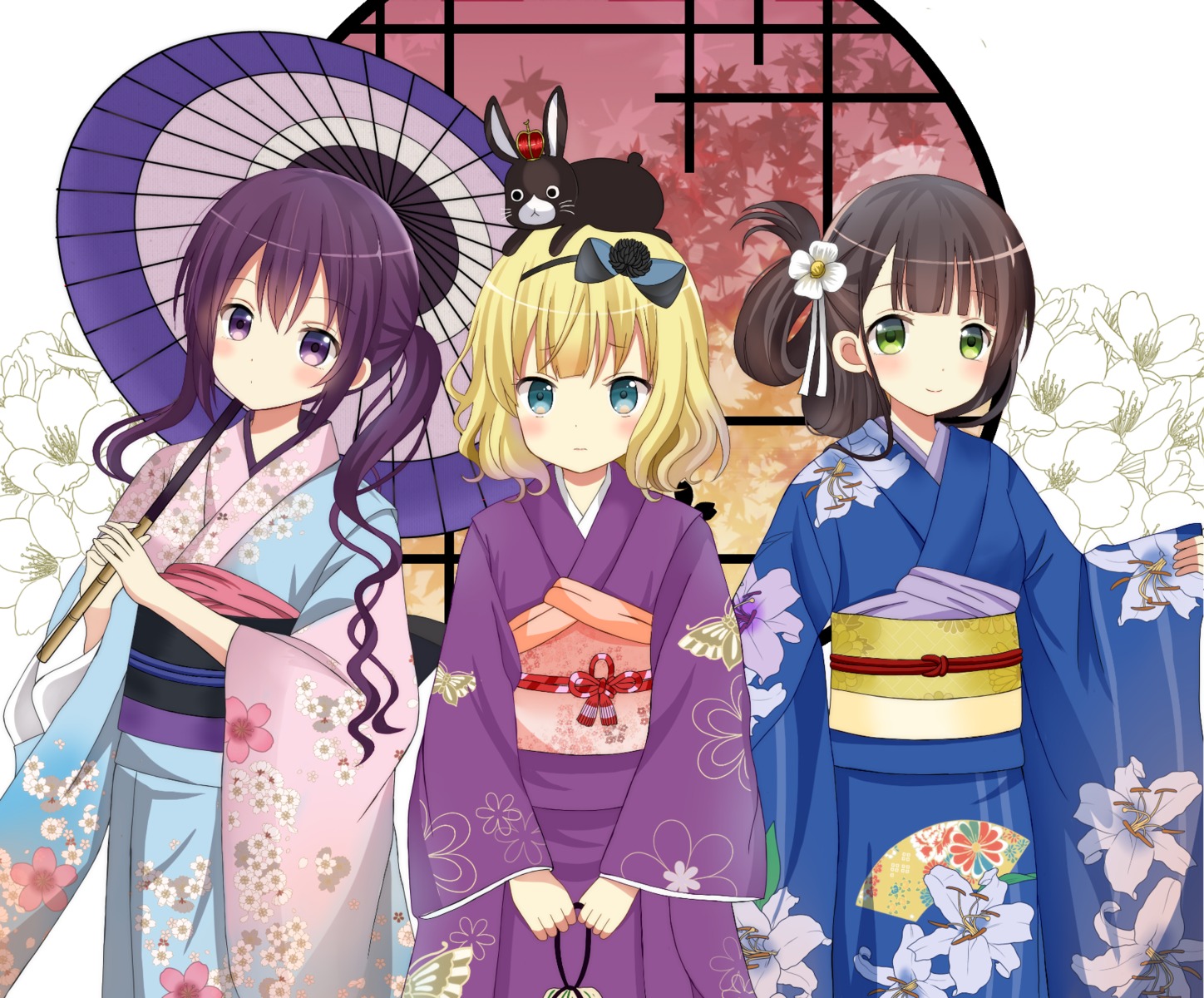 anko_(gochiusa), gochuumon_wa_usagi_desu_ka?, kimono, kirima_sharo, ryoutan, tedeza_rize, ujimatsu_chiya, umbrella
