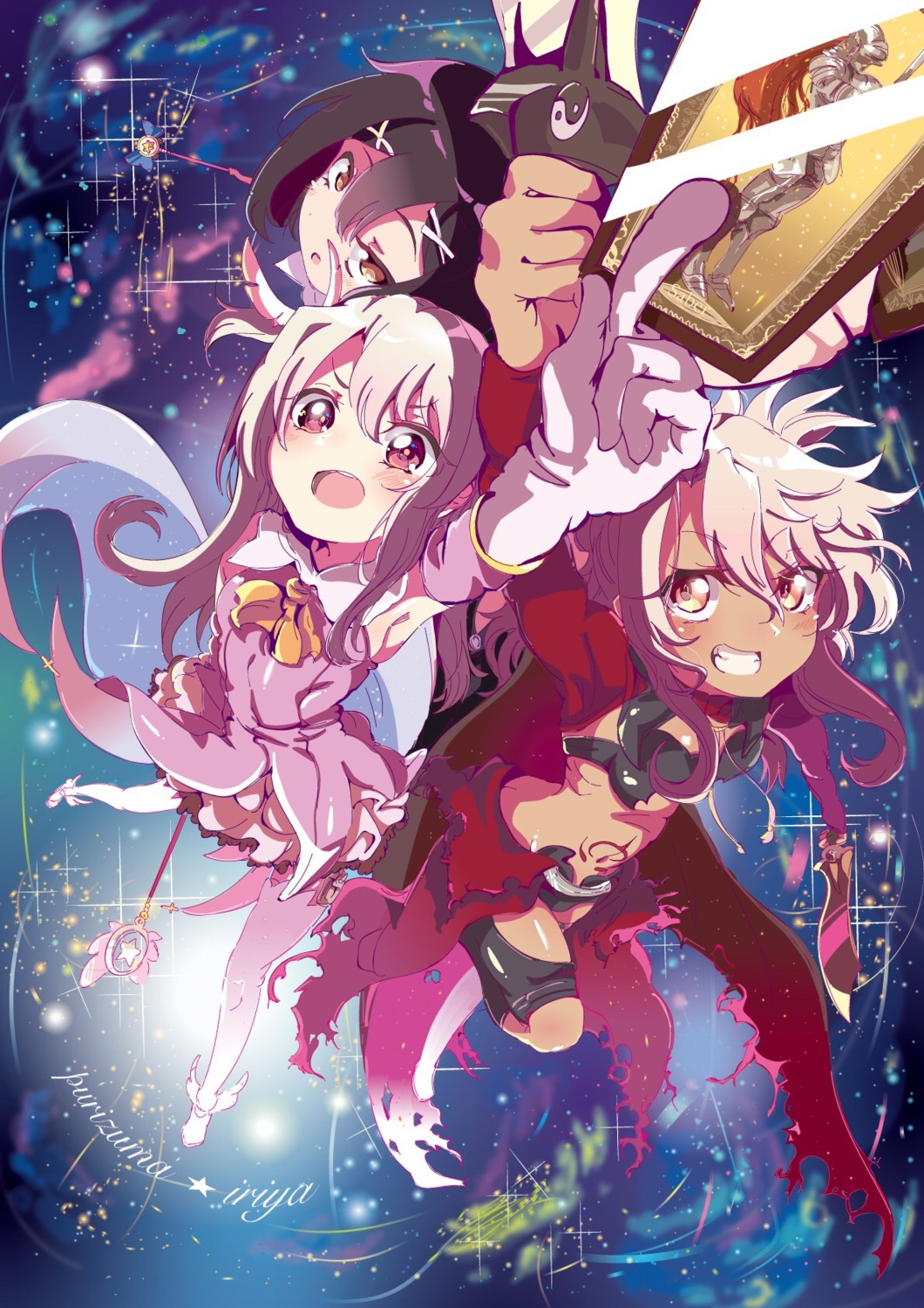 aroe, chloe_von_einzbern, dress, fate/kaleid_liner_prisma_illya, fate/stay_night, illyasviel_von_einzbern, miyu_edelfelt, tattoo, thighhighs, weapon