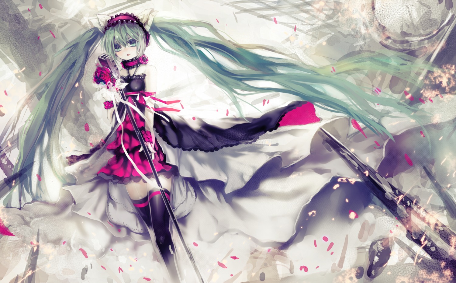 7th_dragon_2020-ii, ao_jun, dress, hatsune_miku, headphones, thighhighs, vocaloid