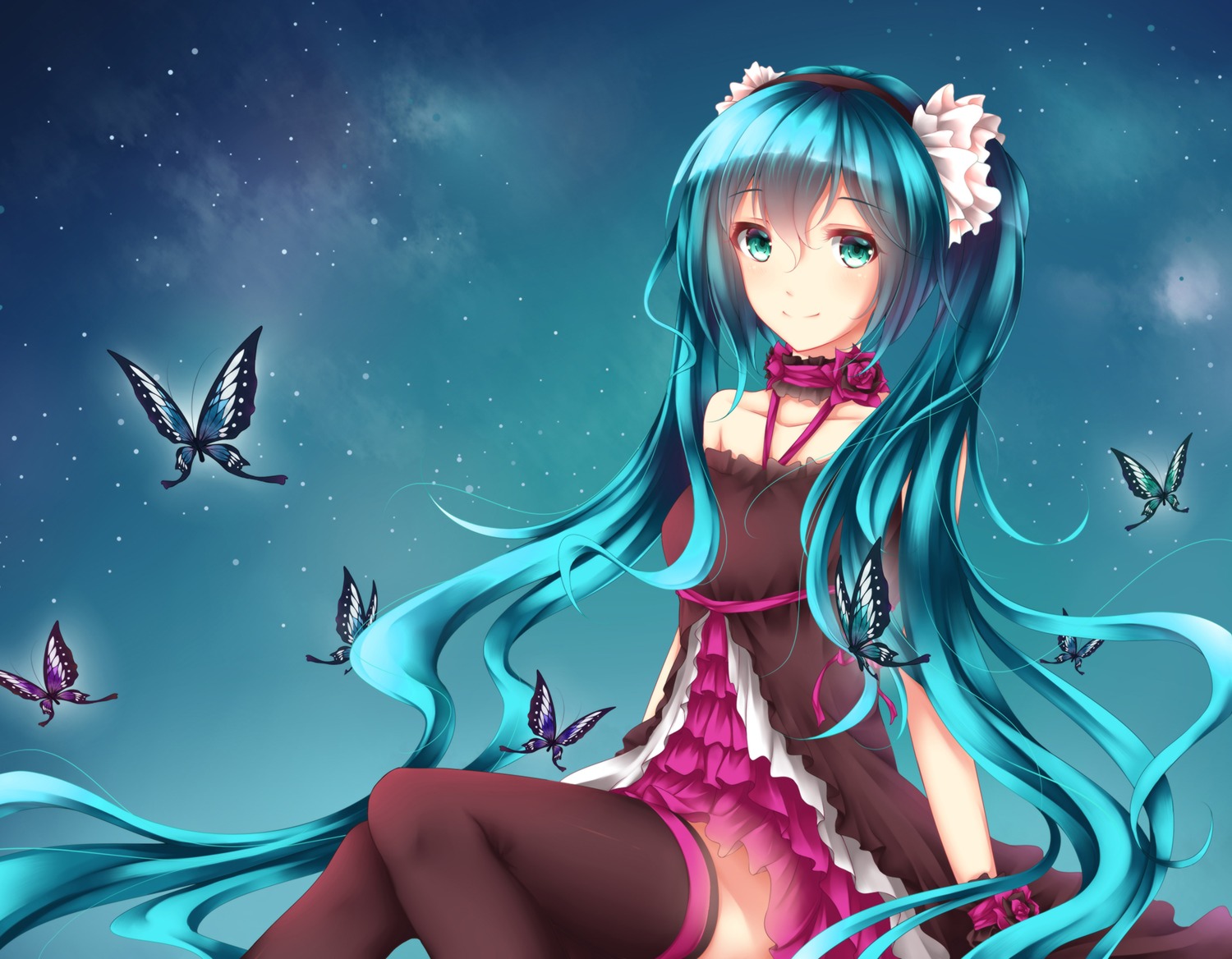 7th_dragon_2020-ii, dress, hatsune_miku, headphones, thighhighs, vocaloid, wsman