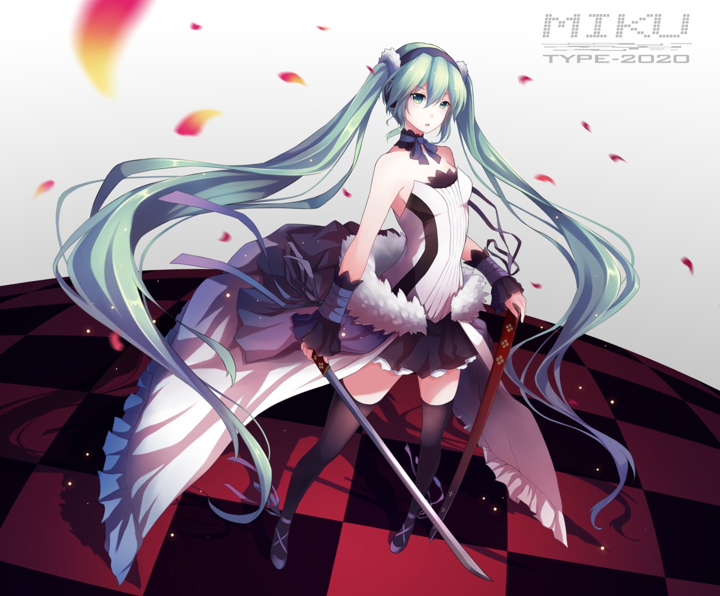 7th_dragon, 7th_dragon_2020, hatsune_miku, headphones, ng_(chaoschyan), sword, thighhighs, vocaloid
