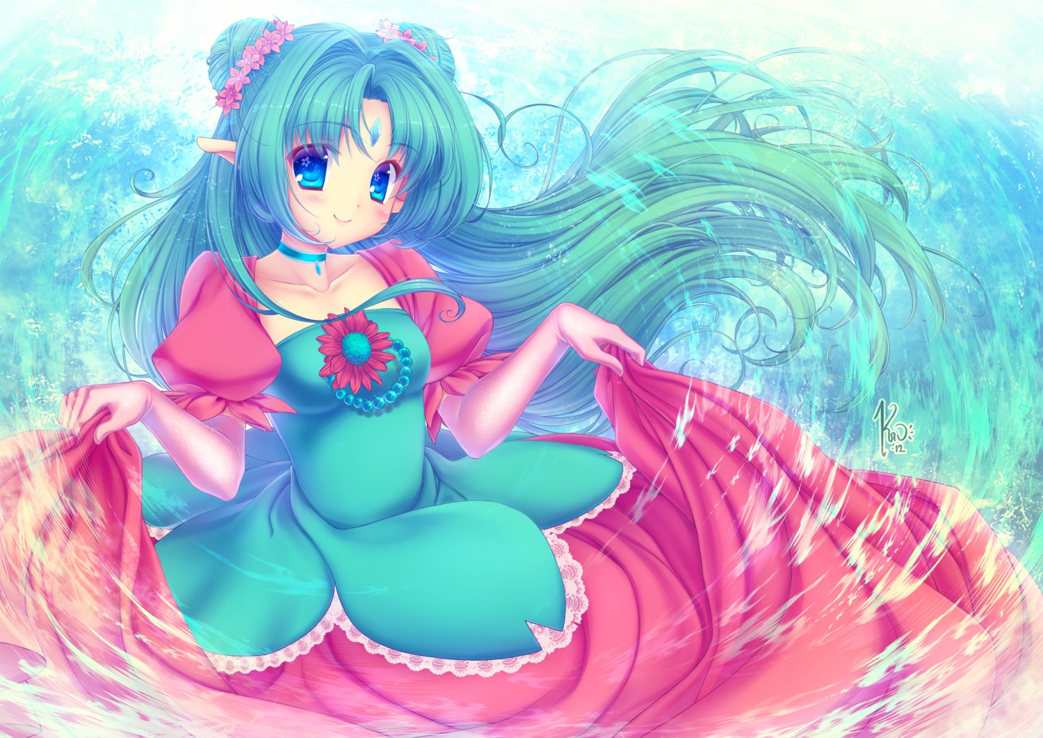 dress, krizpi, pointy_ears, skirt_lift, wet