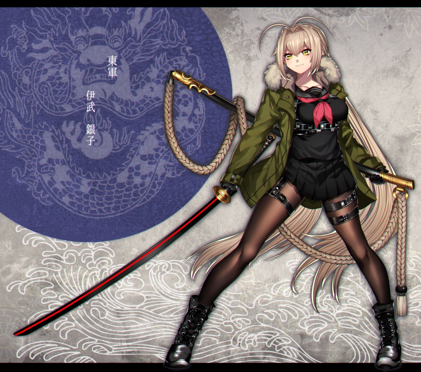 katagiri_hachigou, open_shirt, pantyhose, seifuku, sword, touran-sai