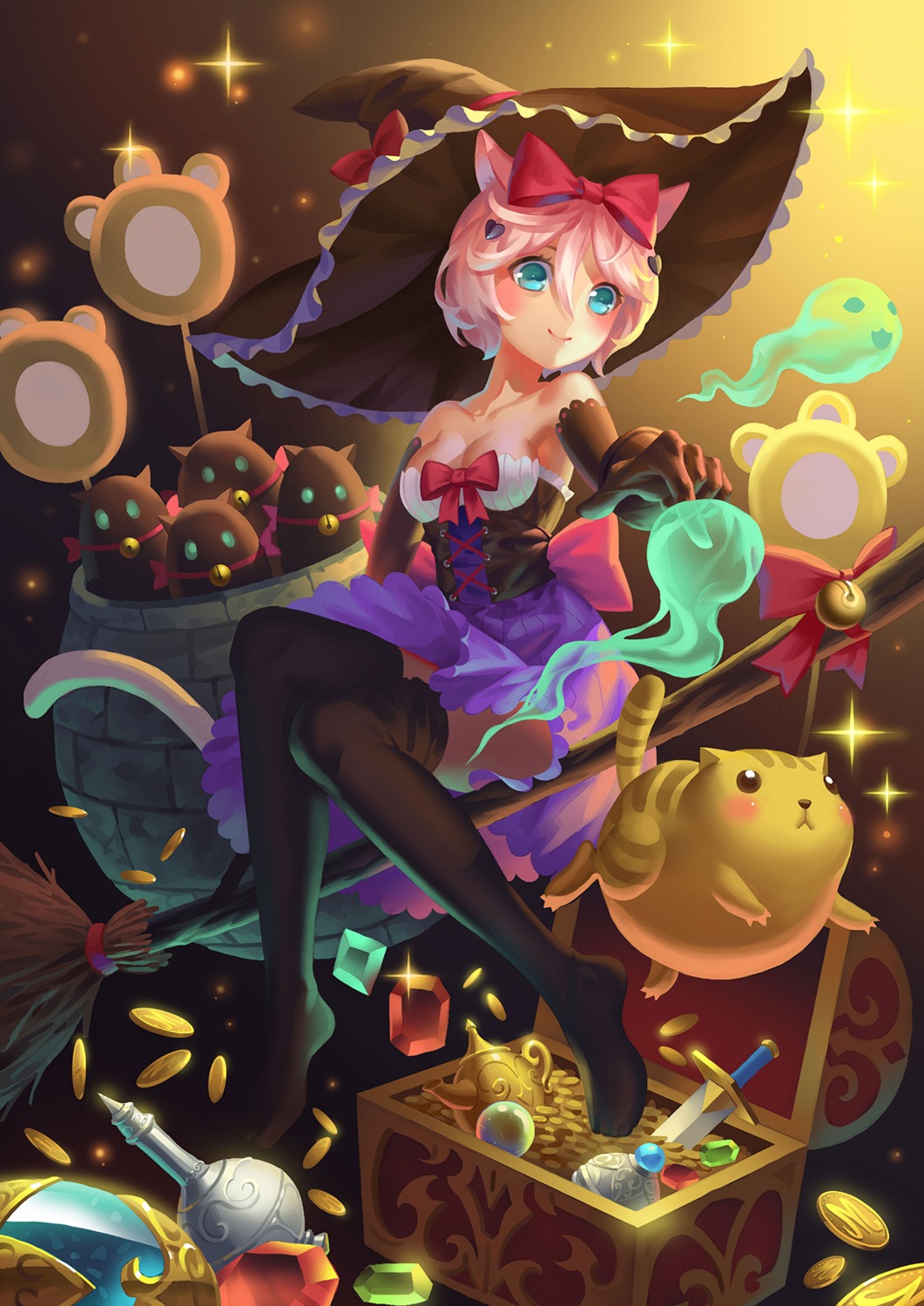 animal_ears, cleavage, nekomimi, shui_qian_he_kafei, tail, thighhighs, witch