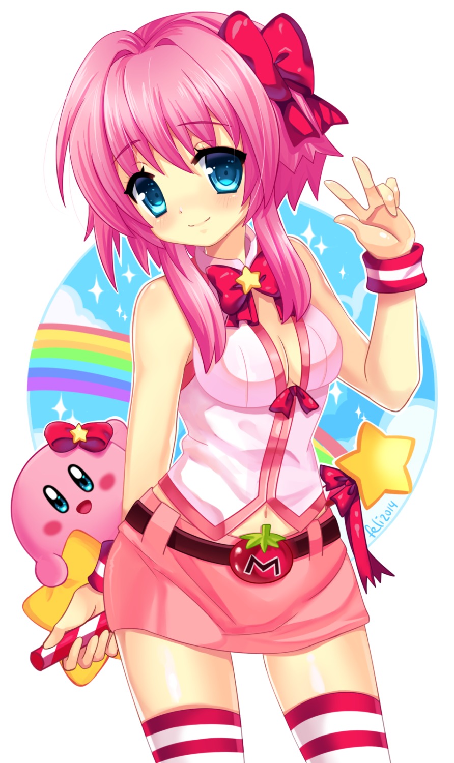 cleavage, felicia-val, kirby, no_bra, open_shirt, thighhighs