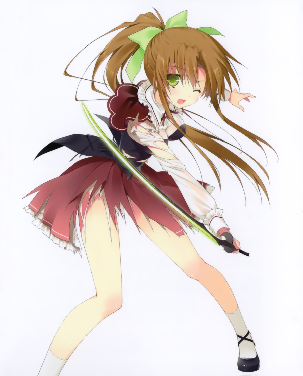 absolute_duo, asaba_yuu, heels, nagakura_imari, see_through, seifuku, sword, torn_clothes