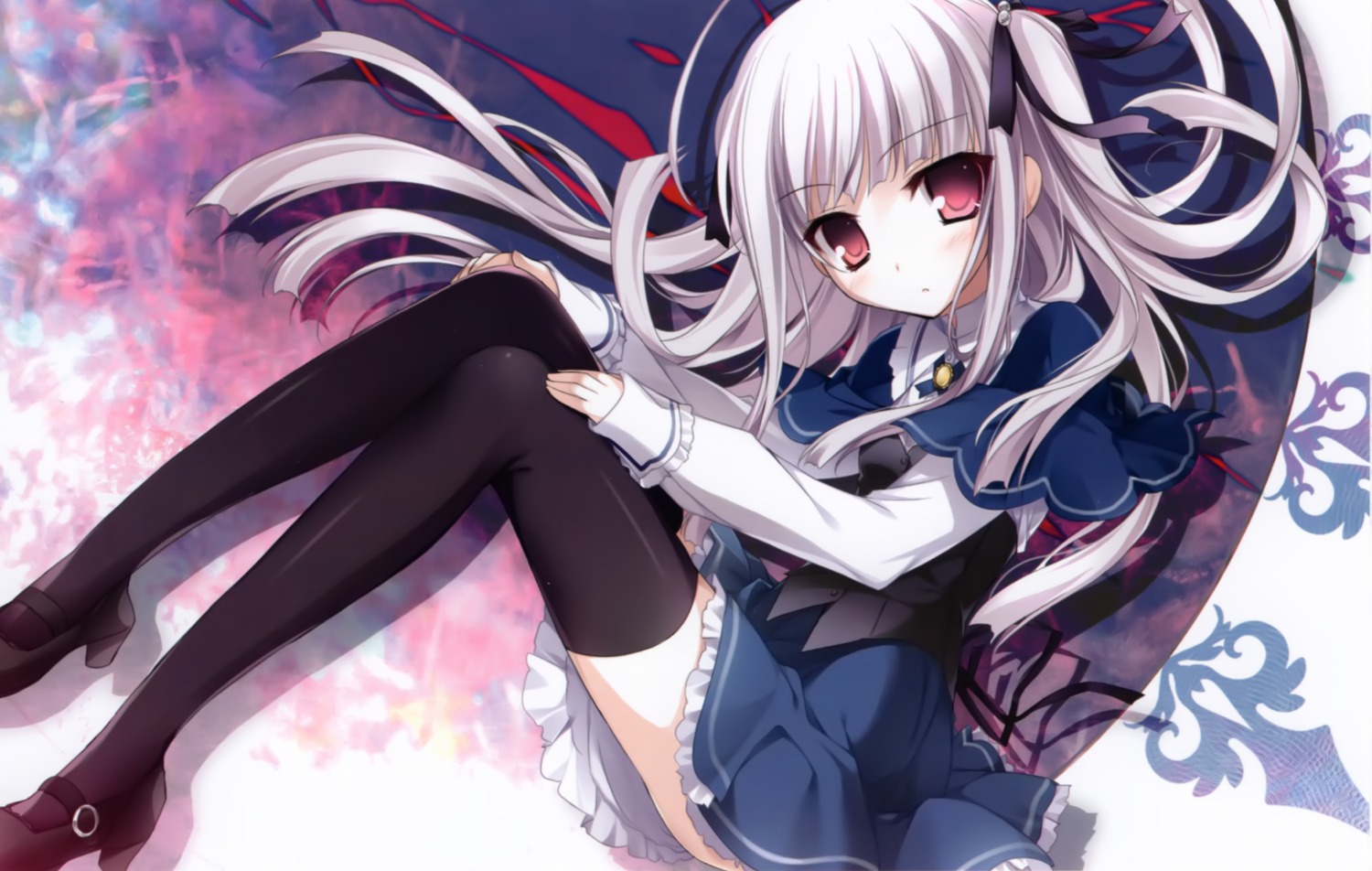 absolute_duo, heels, karory, seifuku, skirt_lift, thighhighs, yurie_sigtuna