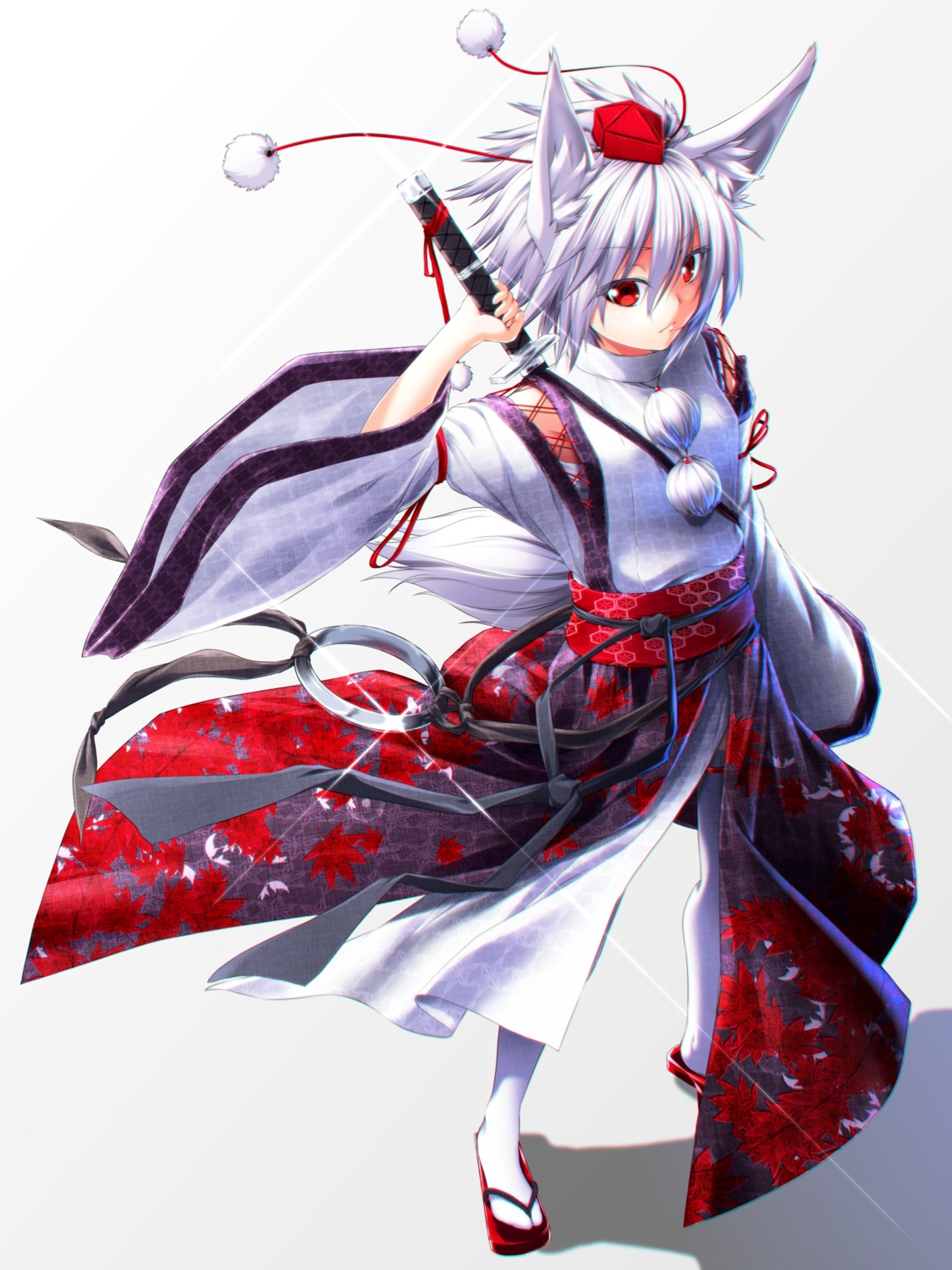 animal_ears, aono_meri, inubashiri_momiji, sarashi, sword, tail, thighhighs, touhou