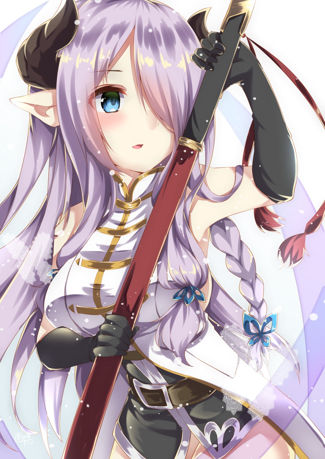 amane_tari, granblue_fantasy, horns, narumeia_(granblue_fantasy), no_bra, pointy_ears, sword