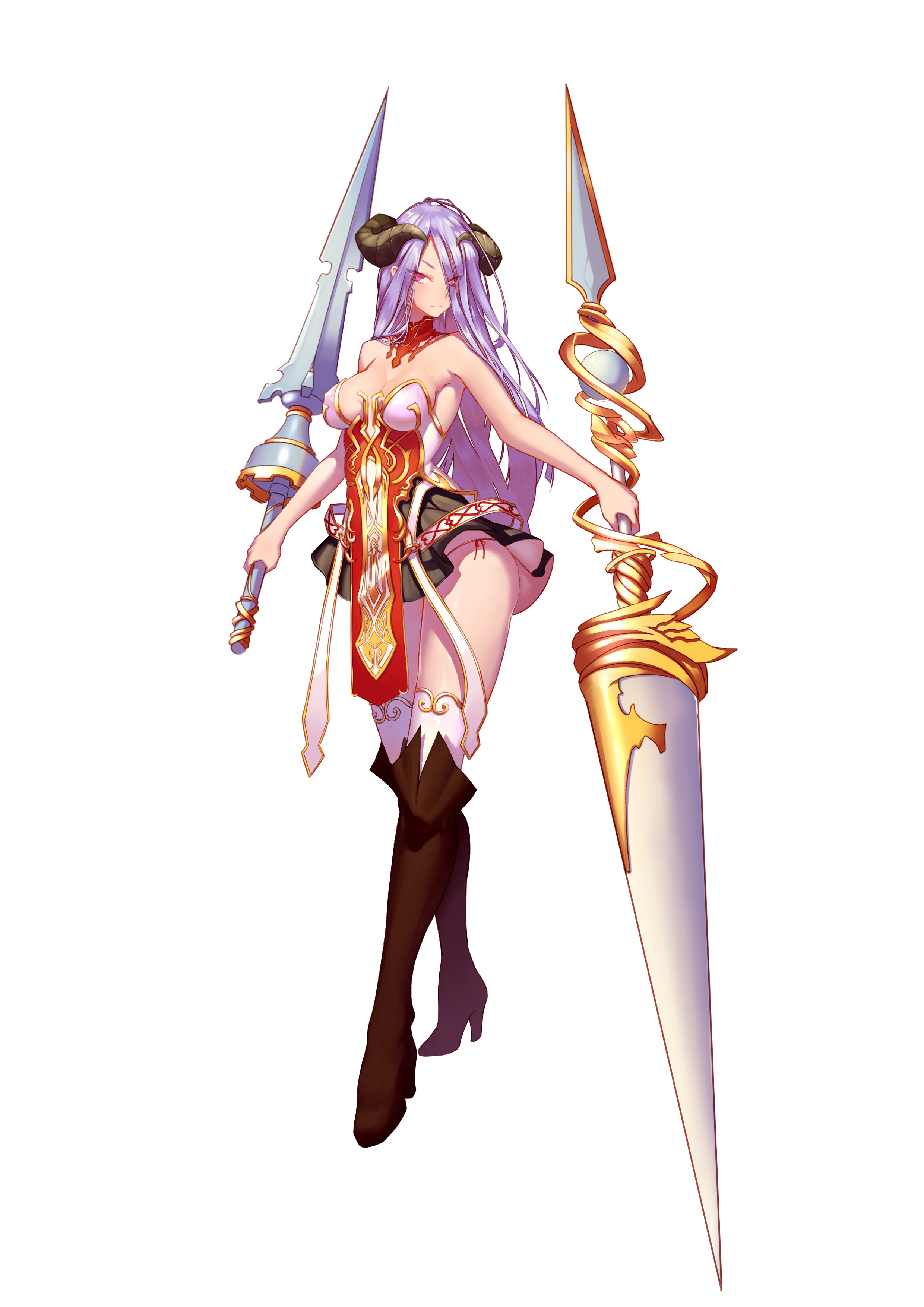 cleavage, gallant99770, heels, horns, no_bra, pantsu, string_panties, sword