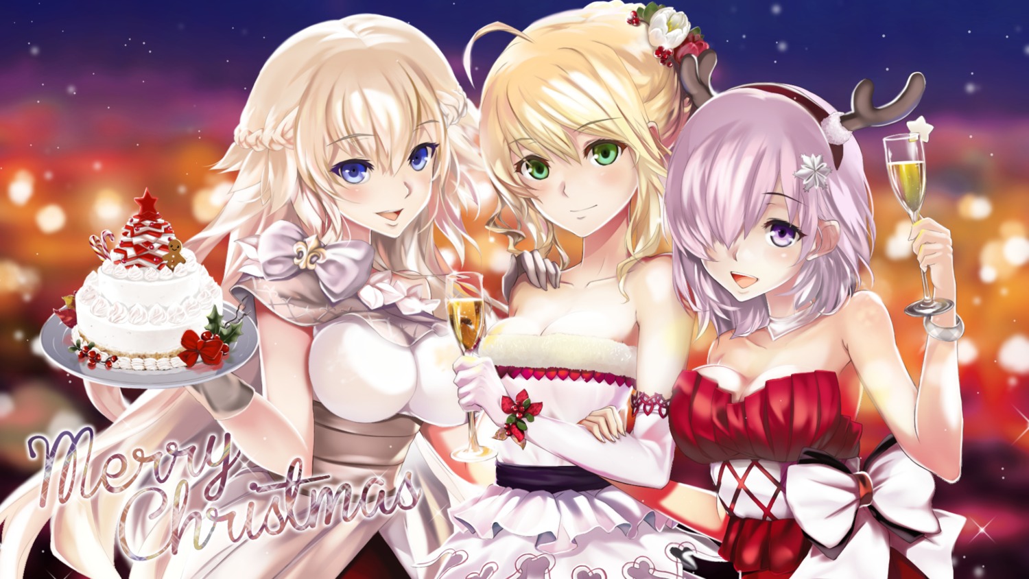 artoria_pendragon_(fate), christmas, cleavage, dress, ep_(emio_parn), fate/grand_order, horns, jeanne_d'arc