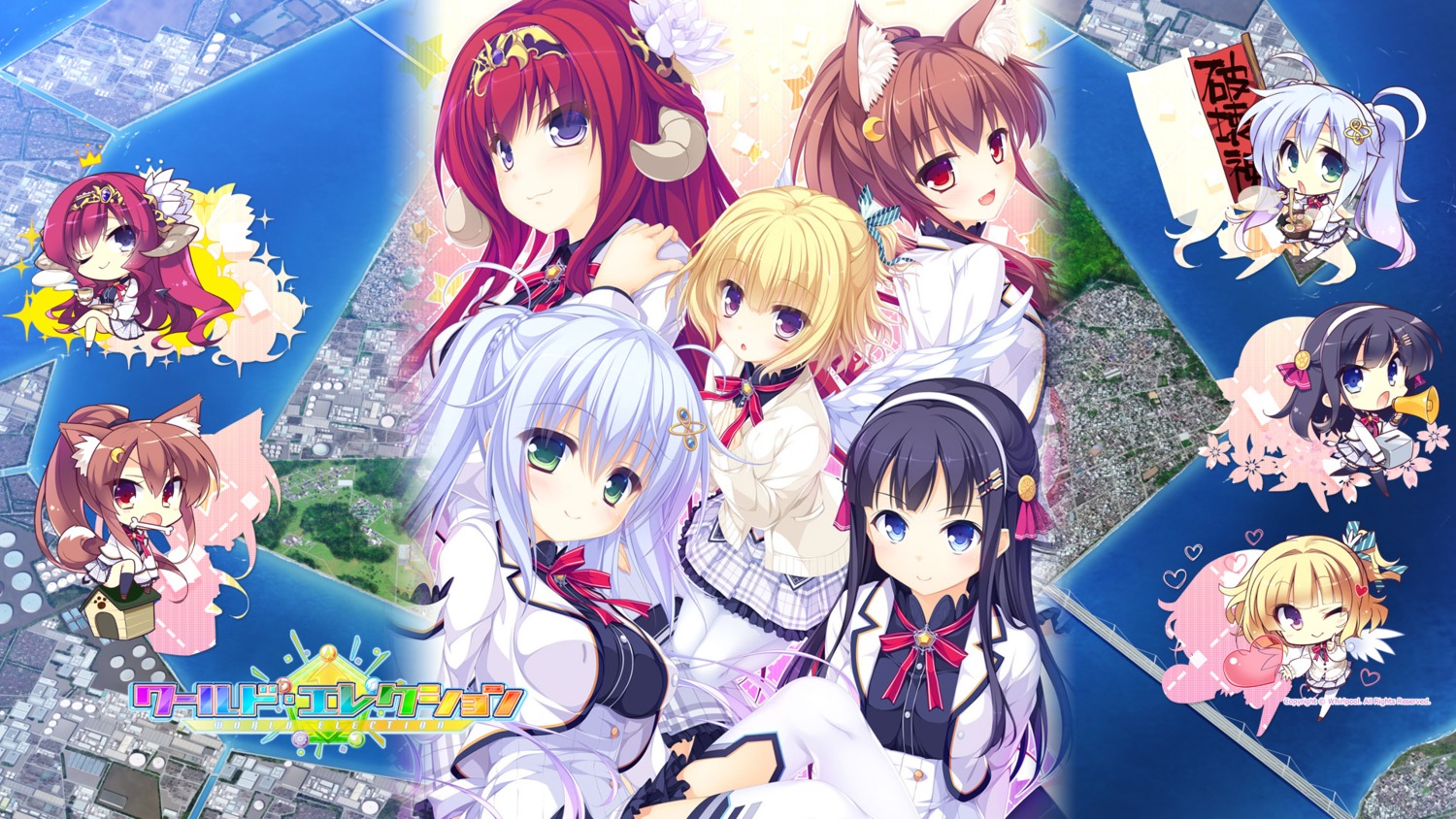 animal_ears, chibi, faura_linans, game-style, horns, ichikura, komowata_haruka, kururu_(world_election), mikagami_mamizu, pantyhose, parfil_(world_election), rken, seifuku, shishidou_iori, sophia_usty, sweater, tail, tenmaso, thighhighs, wallpaper, whirlpool, wings, world_election