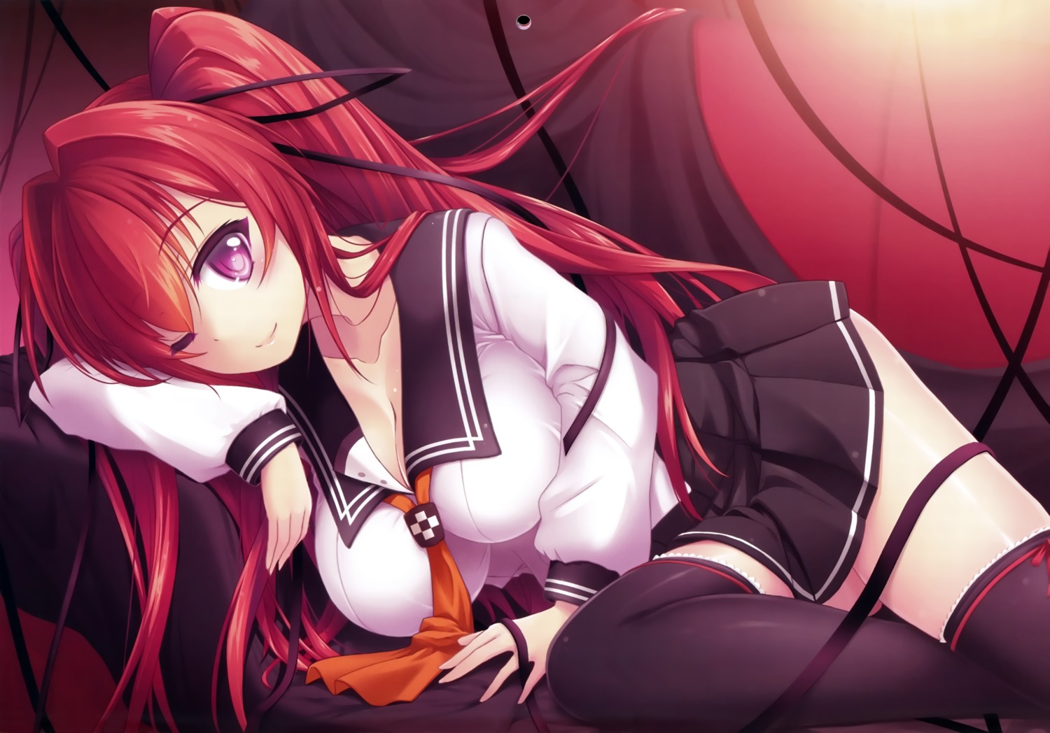 cleavage, maririn, naruse_mio, seifuku, shinmai_maou_no_testament, thighhighs