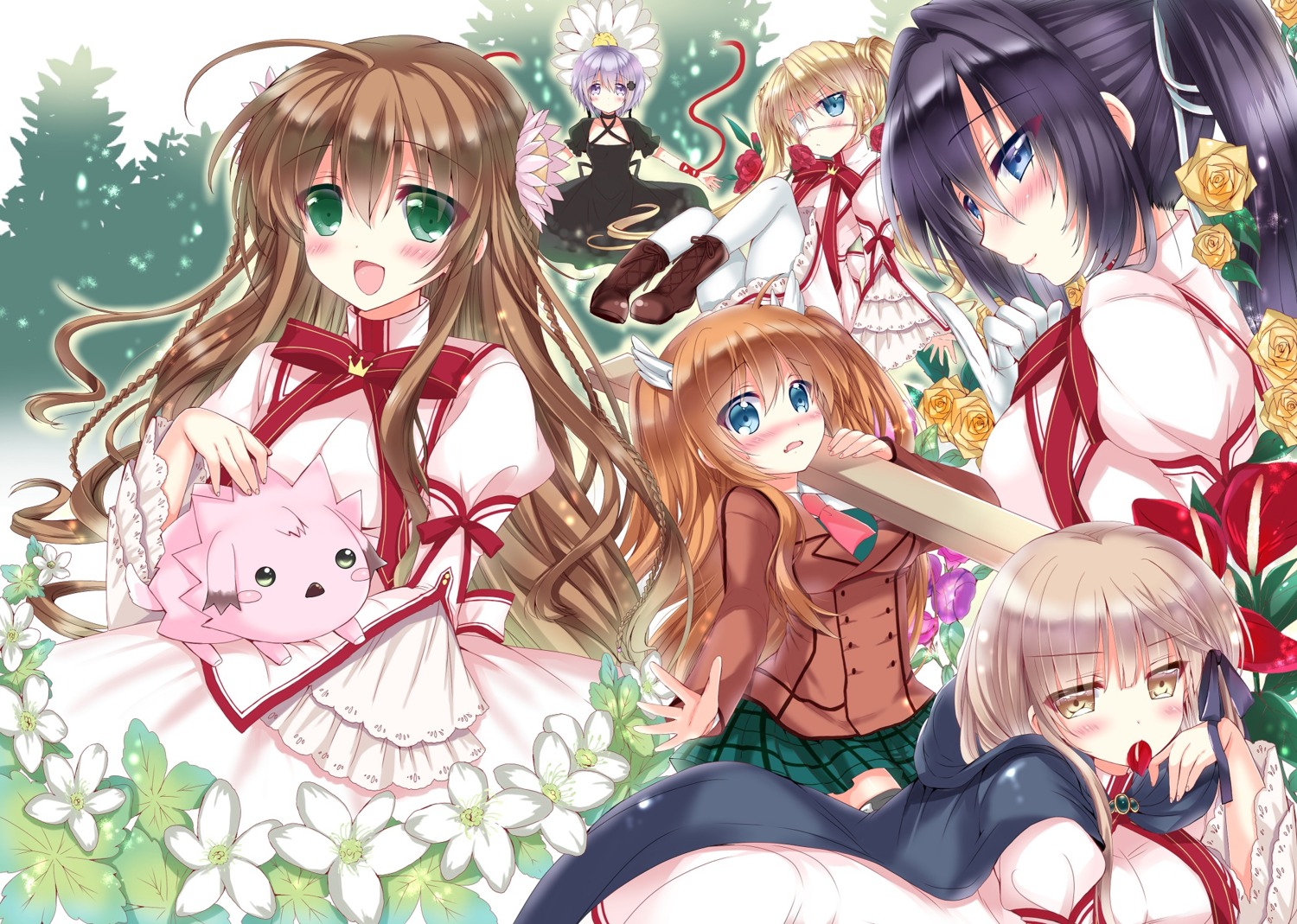 aliasing, dress, eyepatch, kagari_(rewrite), kanbe_kotori, konohana_lucia, nakatsu_shizuru, ootori_chihaya