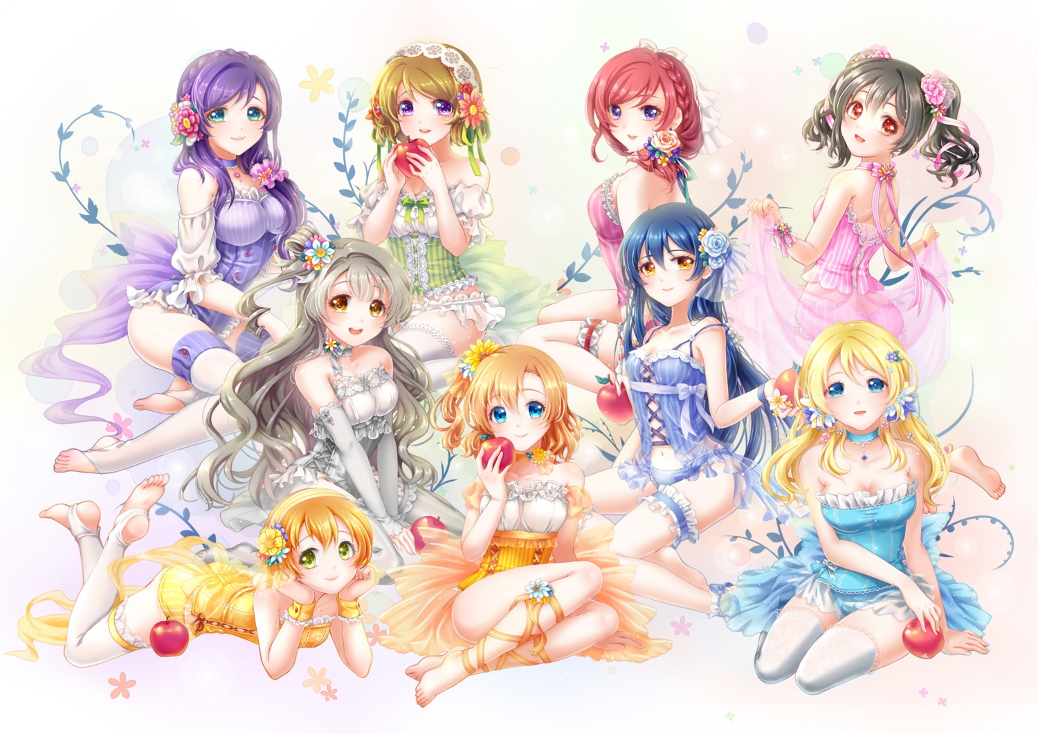 ayase_eli, cleavage, garter, hoshizora_rin, koizumi_hanayo, kousaka_honoka, love_live!, love_live!_(series), minami_kotori, nishikino_maki, pantsu, see_through, sha, skirt_lift, sonoda_umi, thighhighs, toujou_nozomi, yazawa_nico