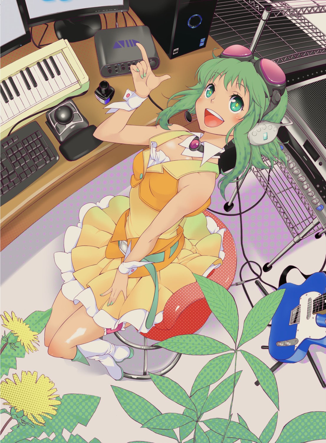 dress, guitar, gumi, headphones, hobby_(kento), vocaloid