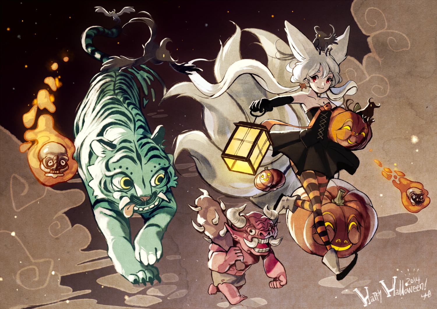 animal_ears, biahnyang, cleavage, dress, halloween, kitsune, pantyhose, tail