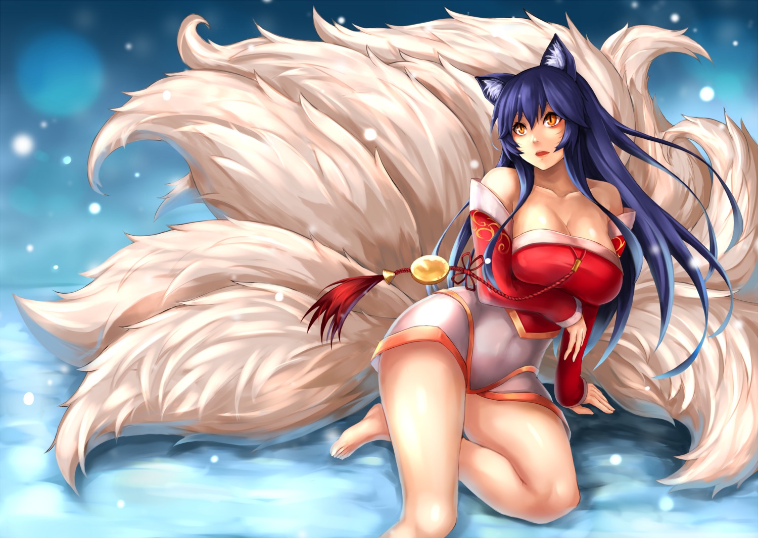 ahri, animal_ears, cleavage, feet, kitsune, league_of_legends, tail, yashichii