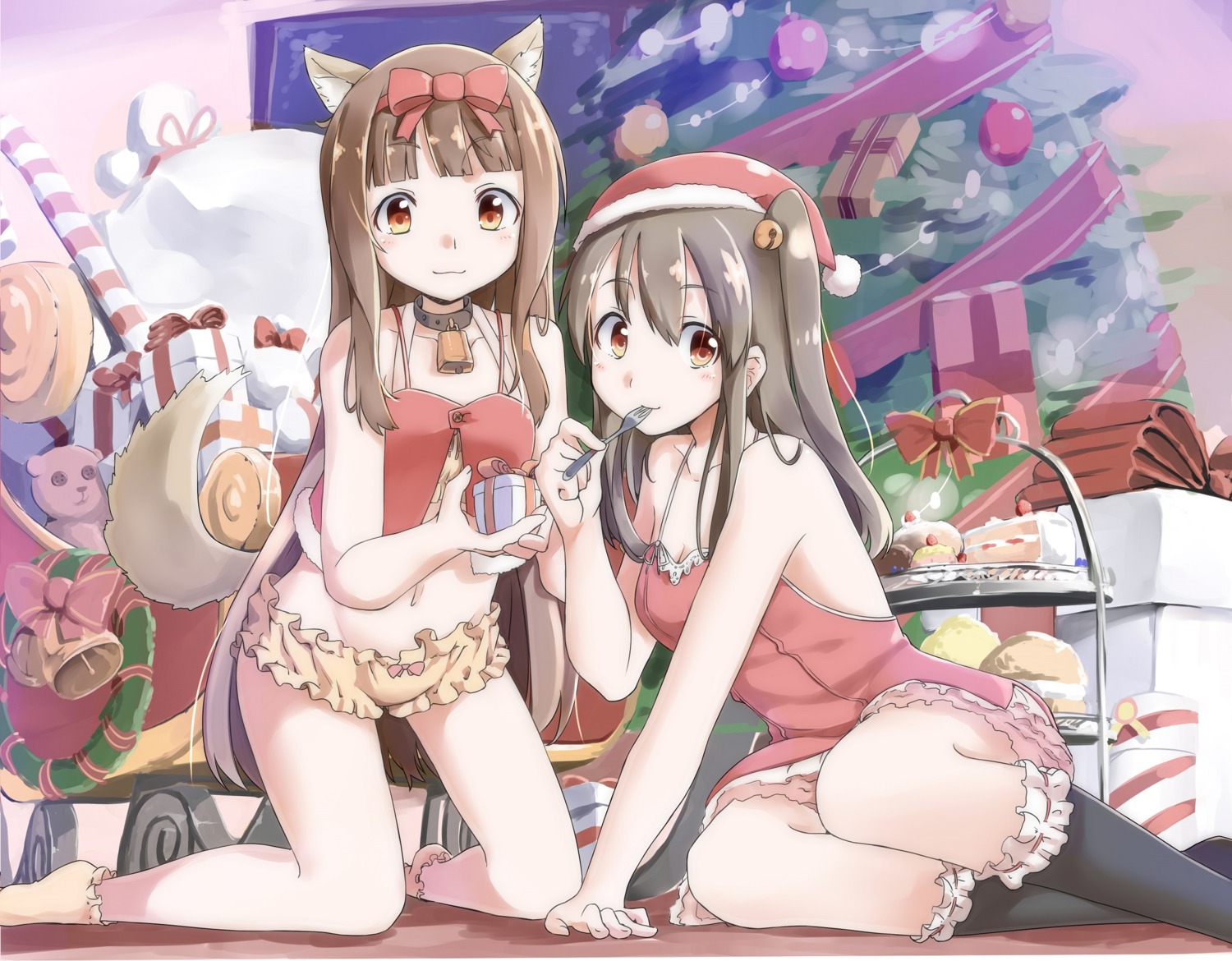 animal_ears, christmas, dress, no_bra, pantsu, sekira_ame, tail