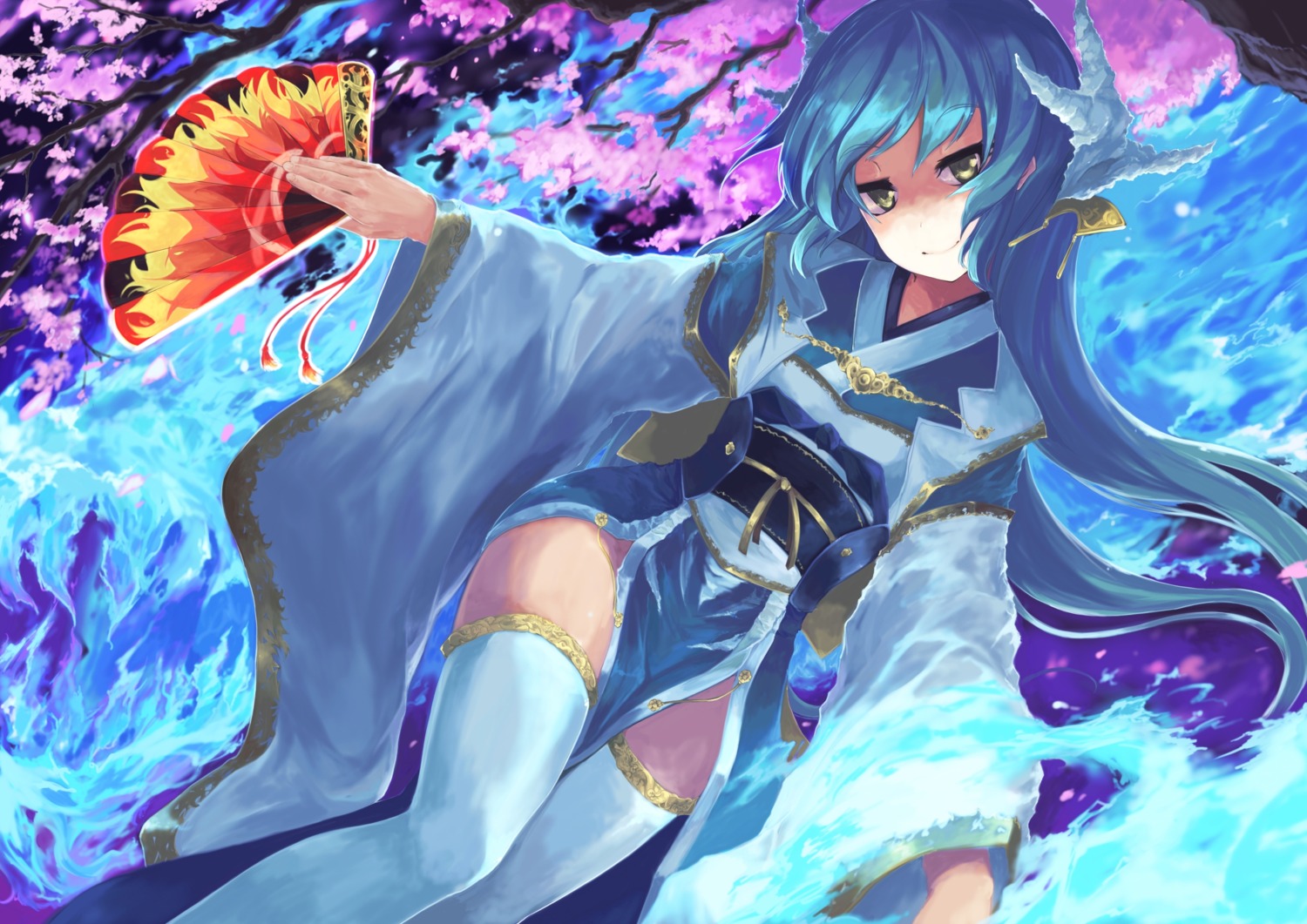 fate/grand_order, fate/stay_night, horns, kimono, kiyohime_(fate), sorano_eika, thighhighs