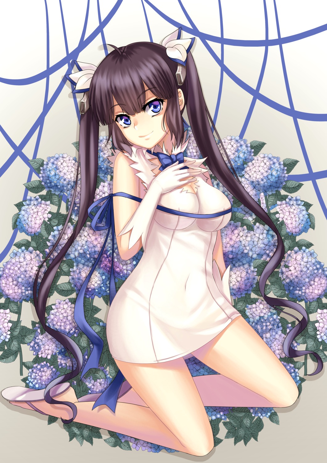 breast_hold, cleavage, dress, dungeon_ni_deai_wo_motomeru_no_wa_machigatteiru_darou_ka, hestia_(danmachi), yoneyu
