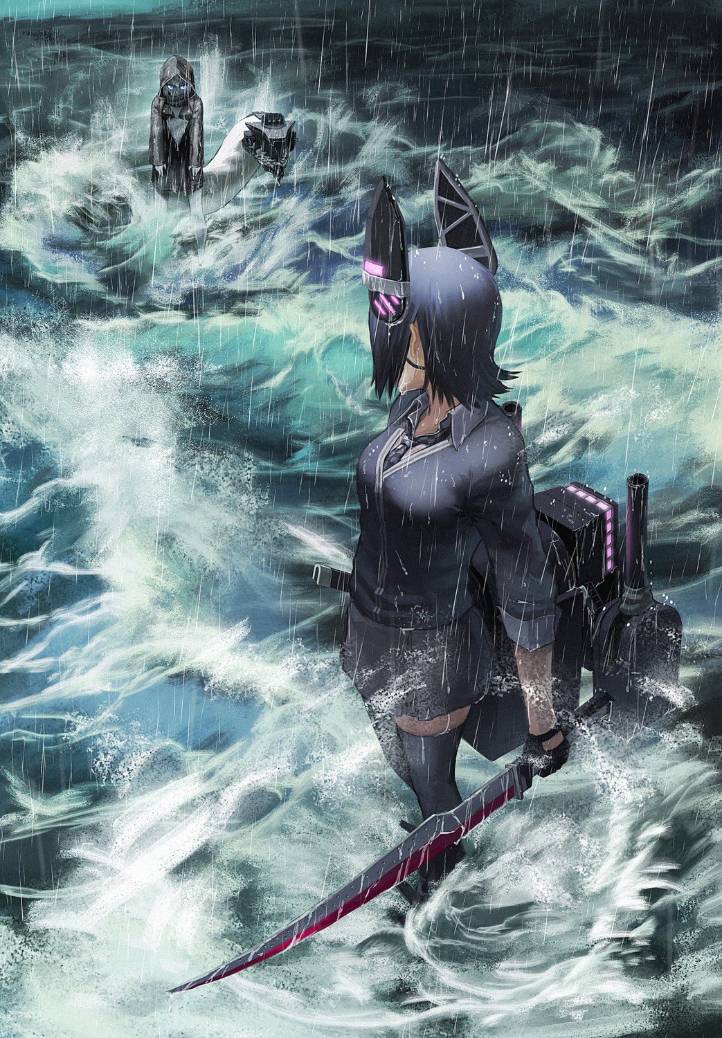 eyepatch, kantai_collection, re-class_battleship, seifuku, sword, tail, tenryuu_(kancolle), thighhighs, wet, yue_(tada_no_saboten)