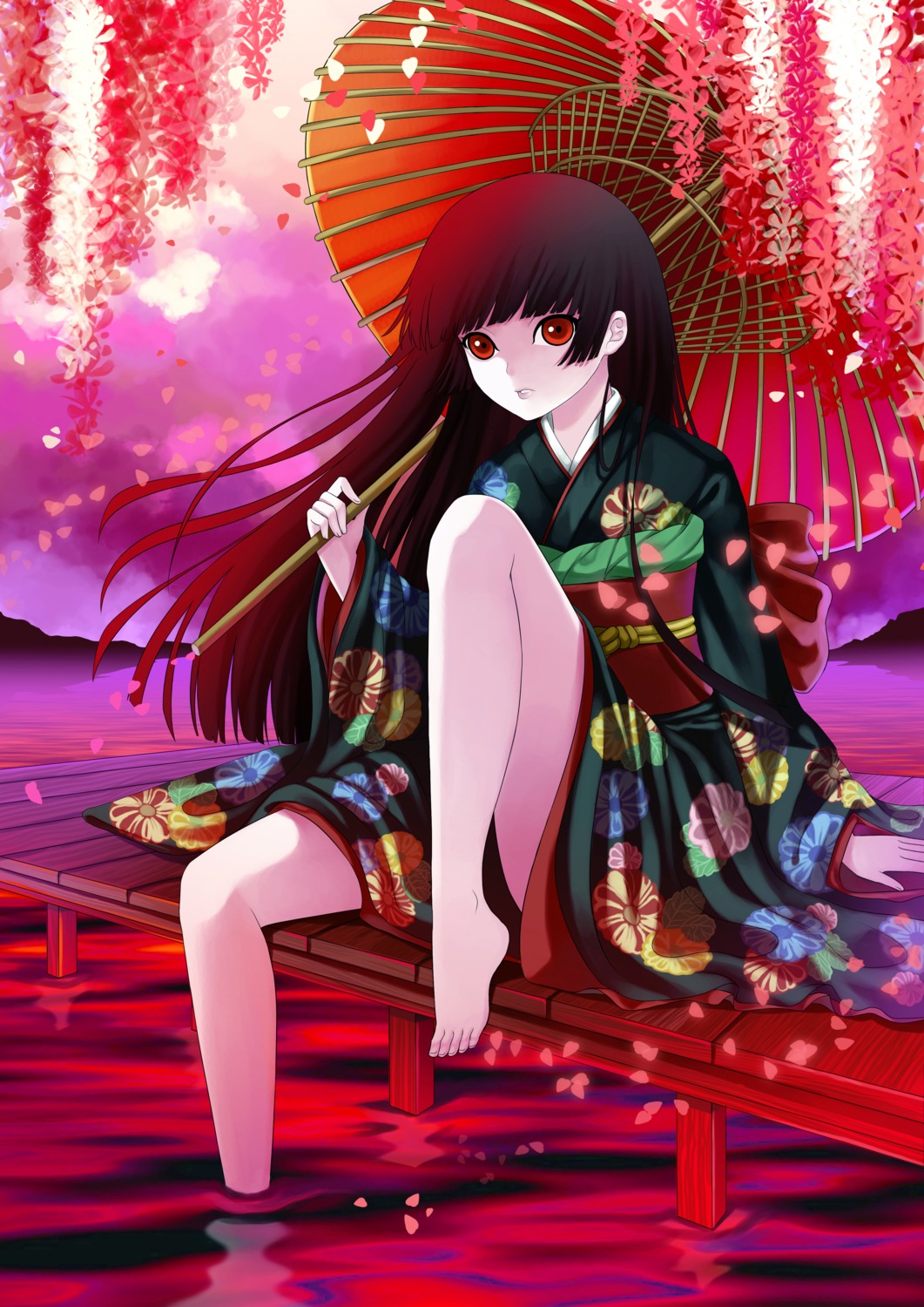 enma_ai, feet, jigoku_shoujo, kimono, umbrella, wet, yoneyu