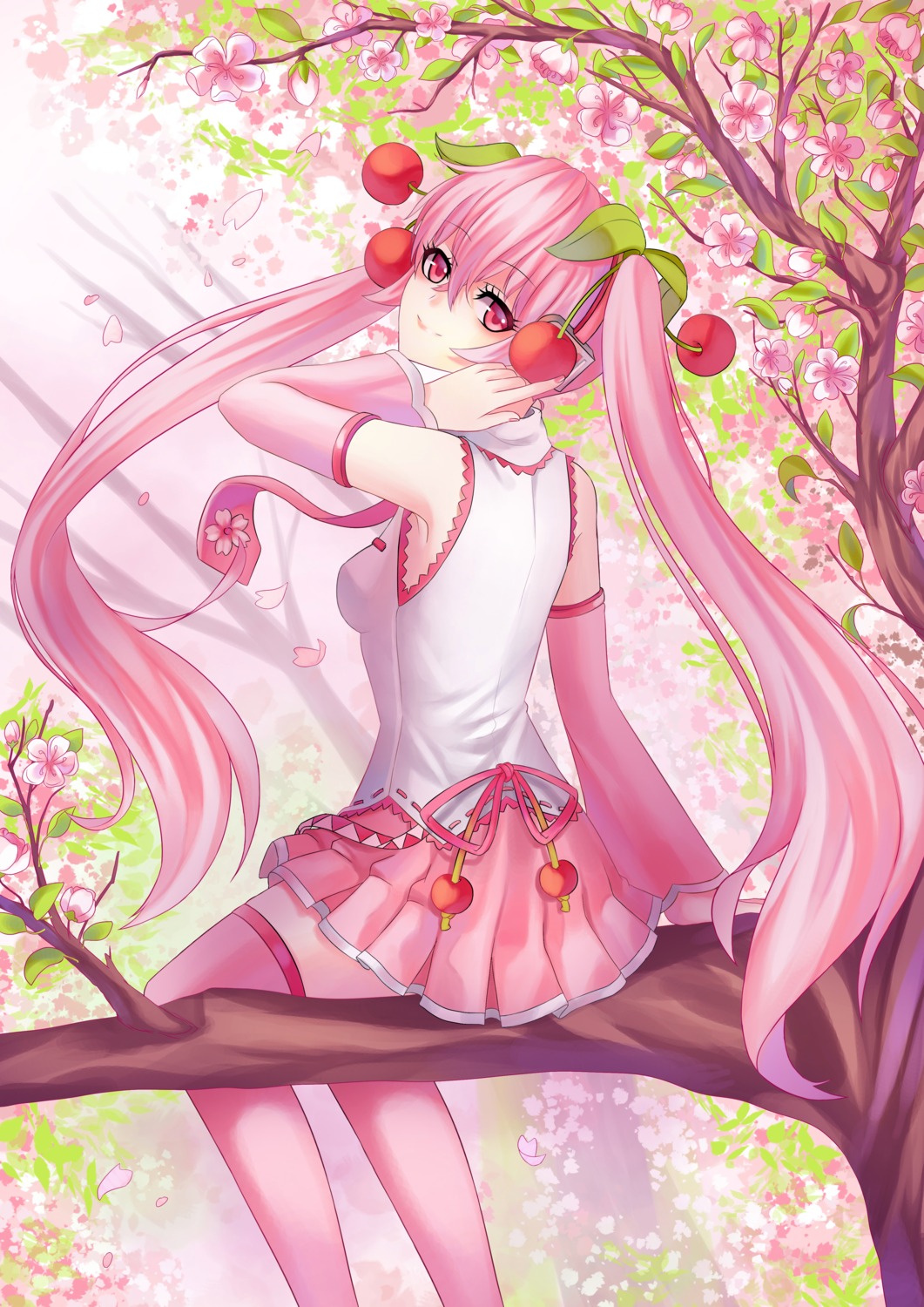 hatsune_miku, headphones, sakura_miku, thighhighs, vocaloid, yoneyu