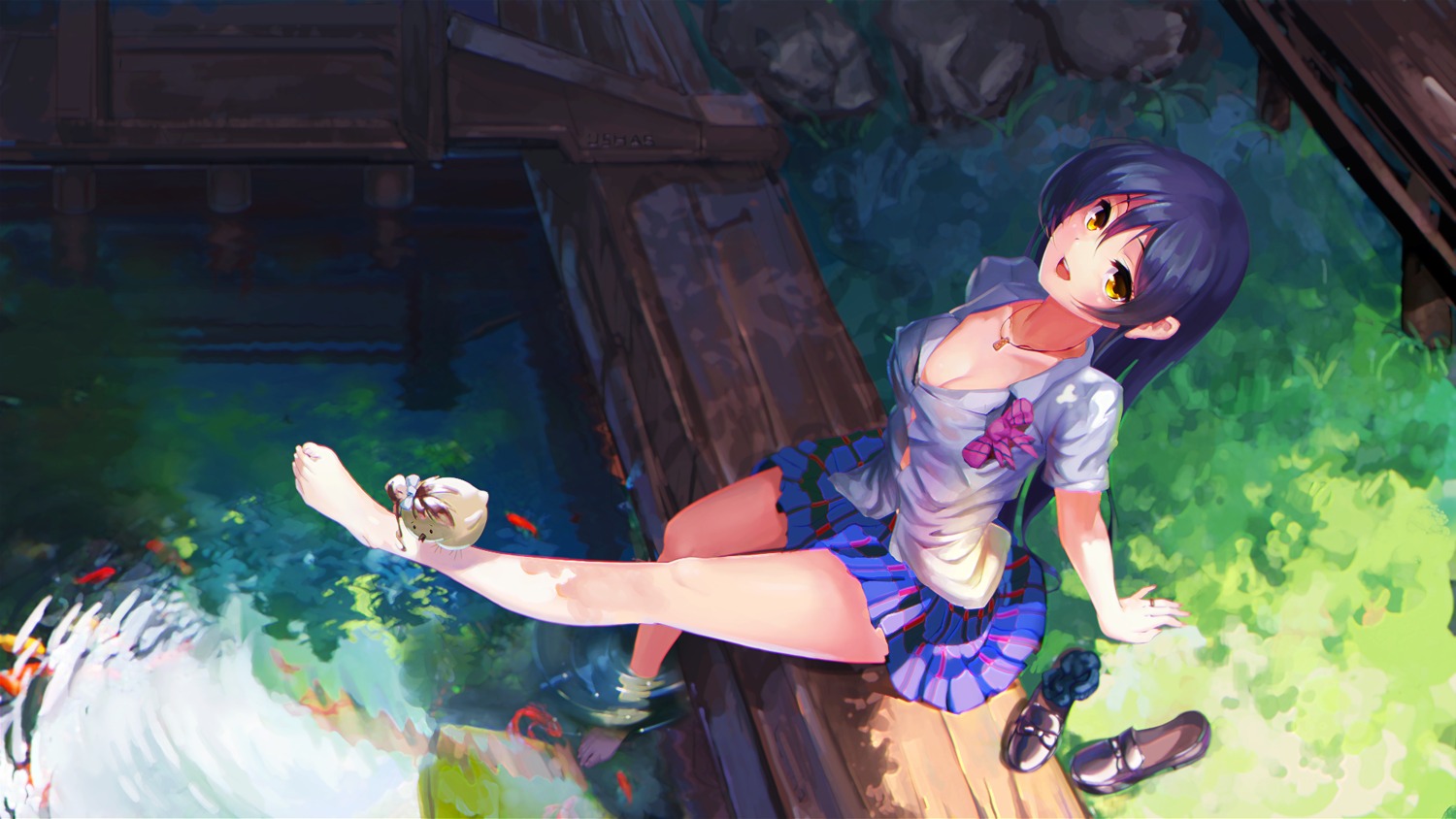 cleavage, feet, love_live!, love_live!_(series), open_shirt, seifuku, sonoda_umi, ushas, wet