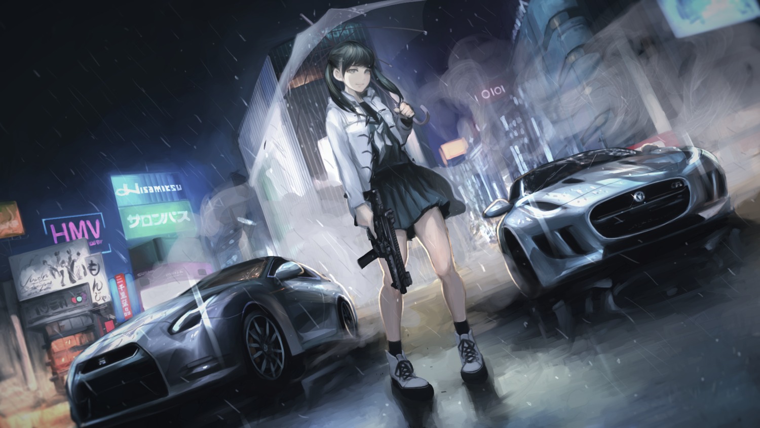 gun, open_shirt, seifuku, terabyte_(rook777), umbrella, wallpaper, weapon
