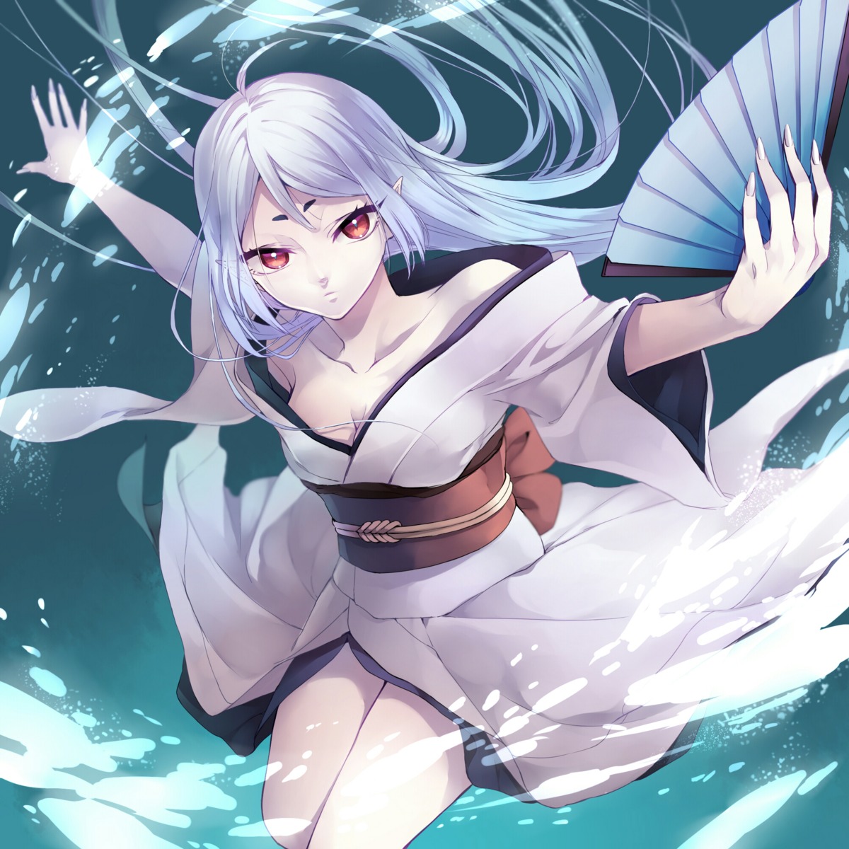 ayakashi_hyakkiyakou, cleavage, kimono, no_bra, open_shirt, pointy_ears, tagme