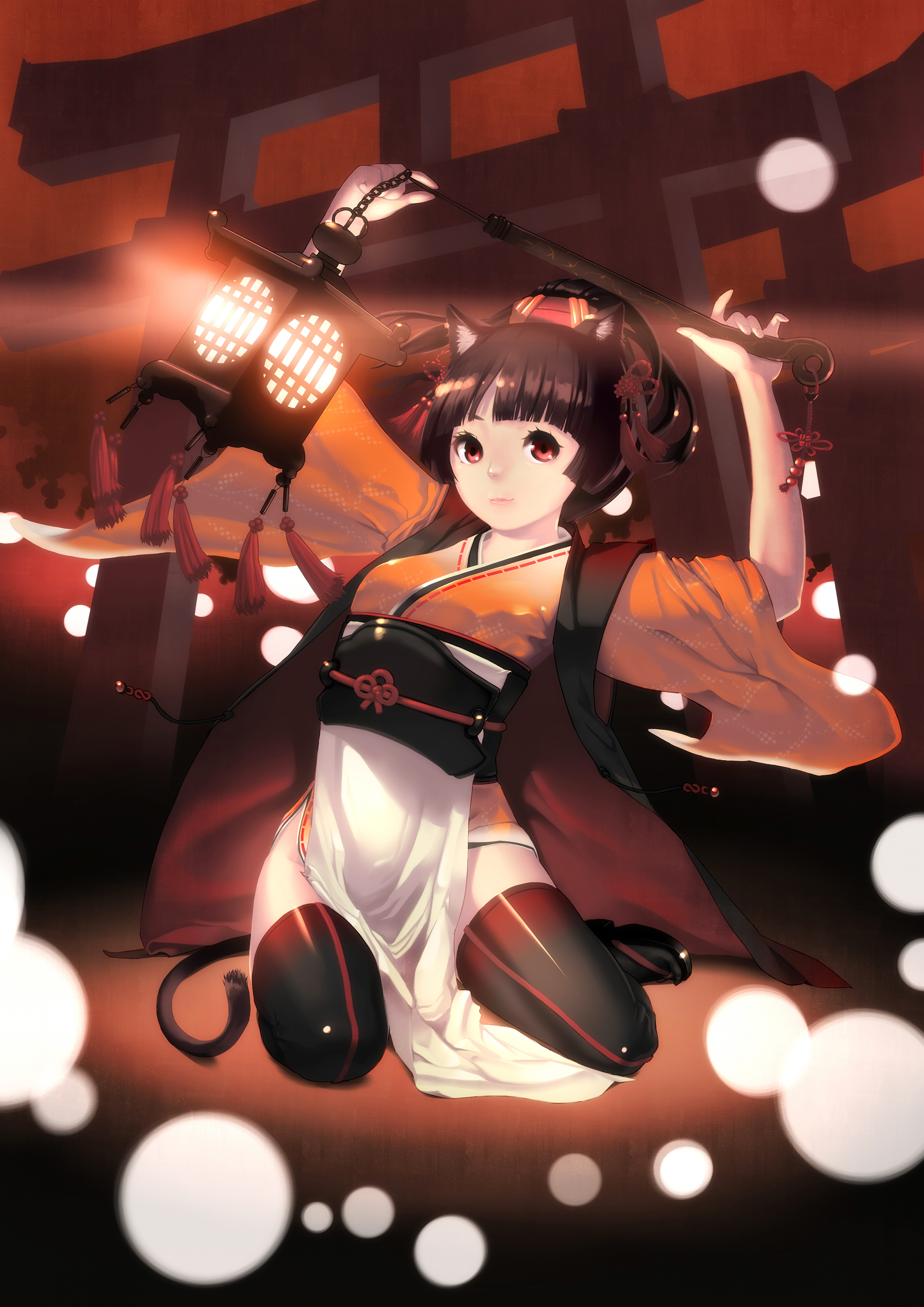 animal_ears, ayakashi_hyakkiyakou, japanese_clothes, nekomimi, tail, thighhighs, tororoto