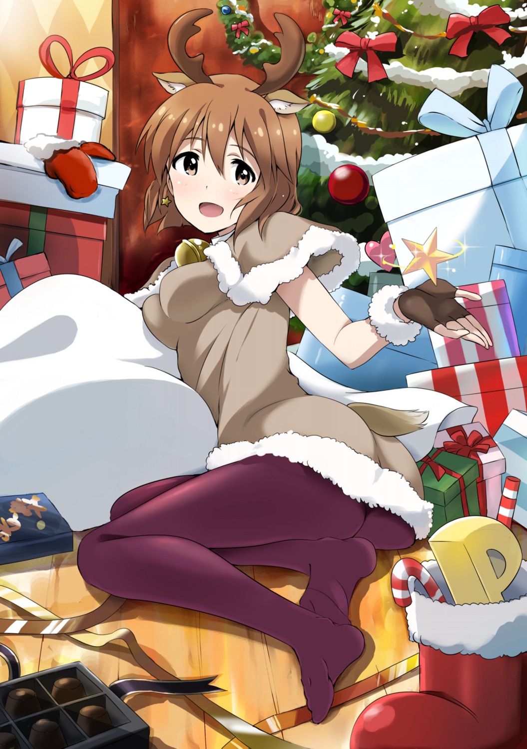 animal_ears, ass, christmas, dress, hagiwara_yukiho, horns, pantyhose, tail