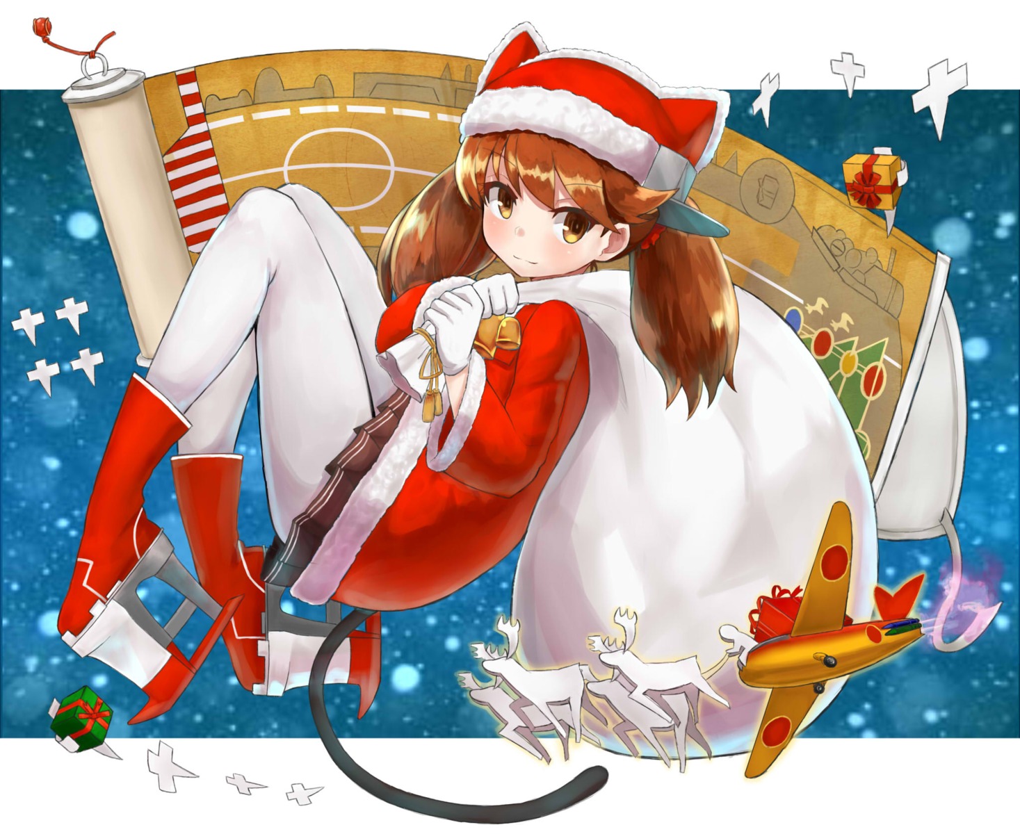 christmas, kantai_collection, okitsugu, pantyhose, ryuujou_(kancolle), tail