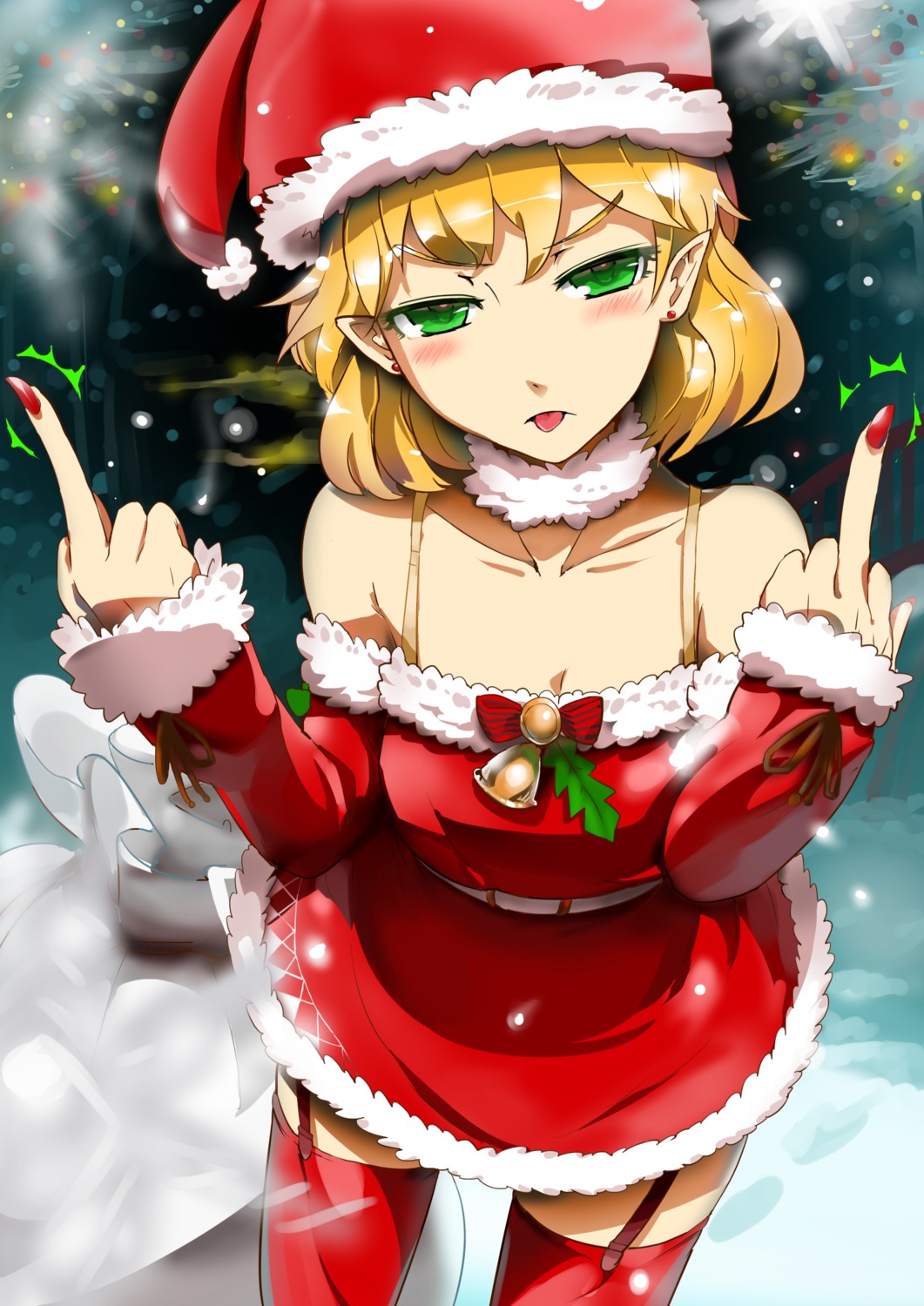 christmas, dress, mizuhashi_parsee, pointy_ears, sinzan, stockings, thighhighs, touhou