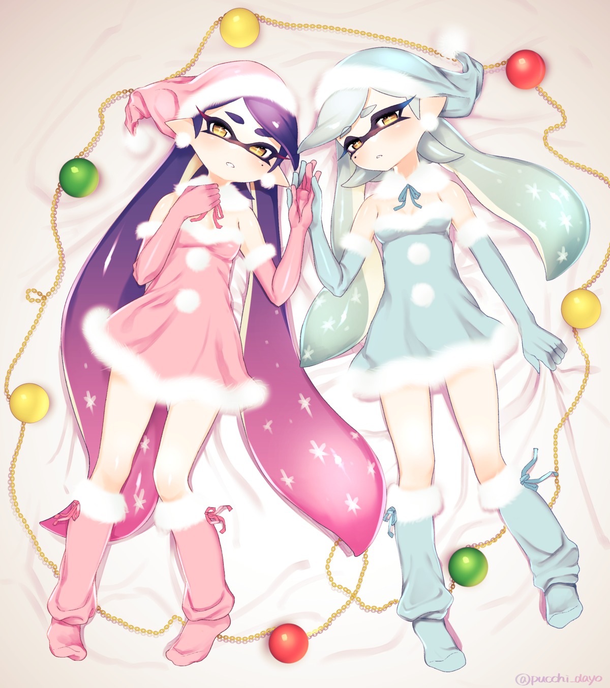 aori_(splatoon), christmas, dress, hotaru_(splatoon), pointy_ears, puchiman, splatoon