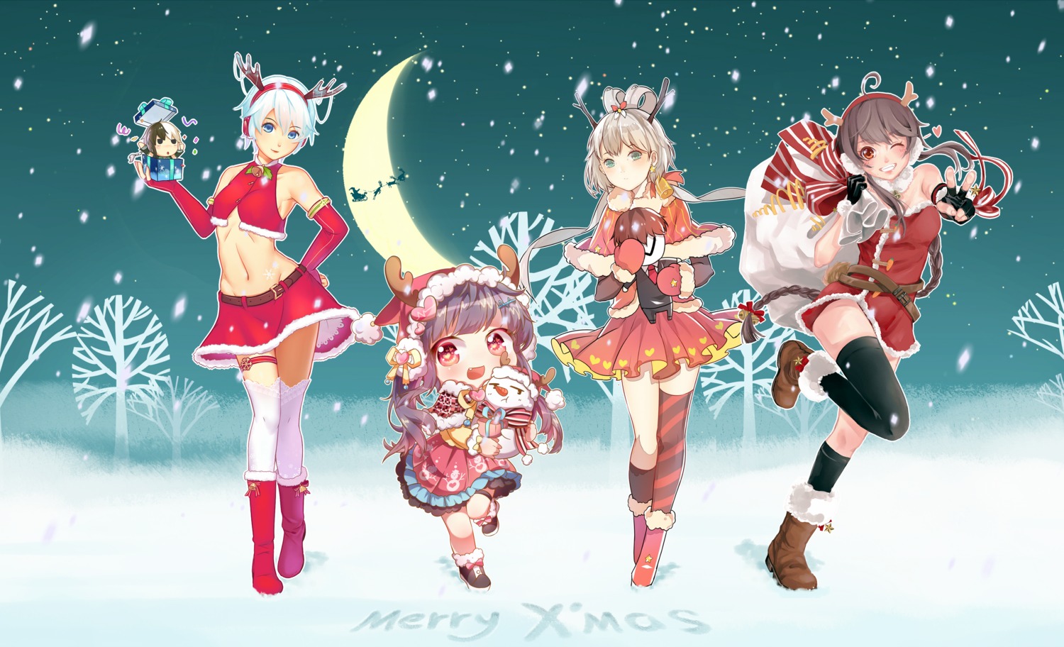 christmas, dongqing_zaozigao, dress, horns, luo_tianyi, mo_qingxian, thighhighs, vocaloid