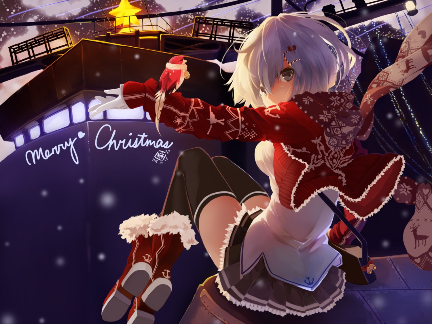 christmas, hamakaze_(kancolle), kantai_collection, open_shirt, sakura_rock, seifuku, sweater, thighhighs