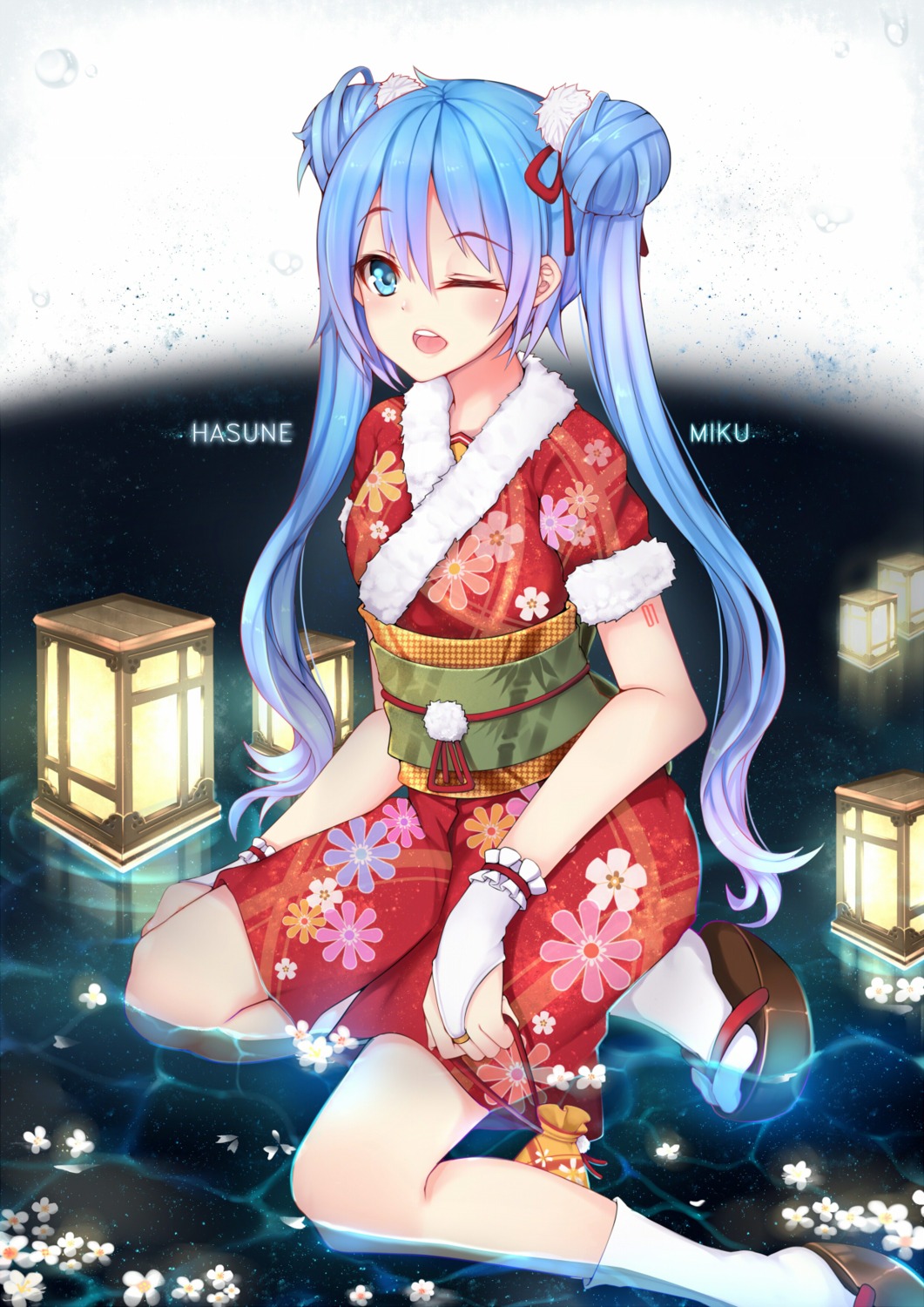 hanami_dango_(zzldango), hatsune_miku, japanese_clothes, tattoo, vocaloid, wet