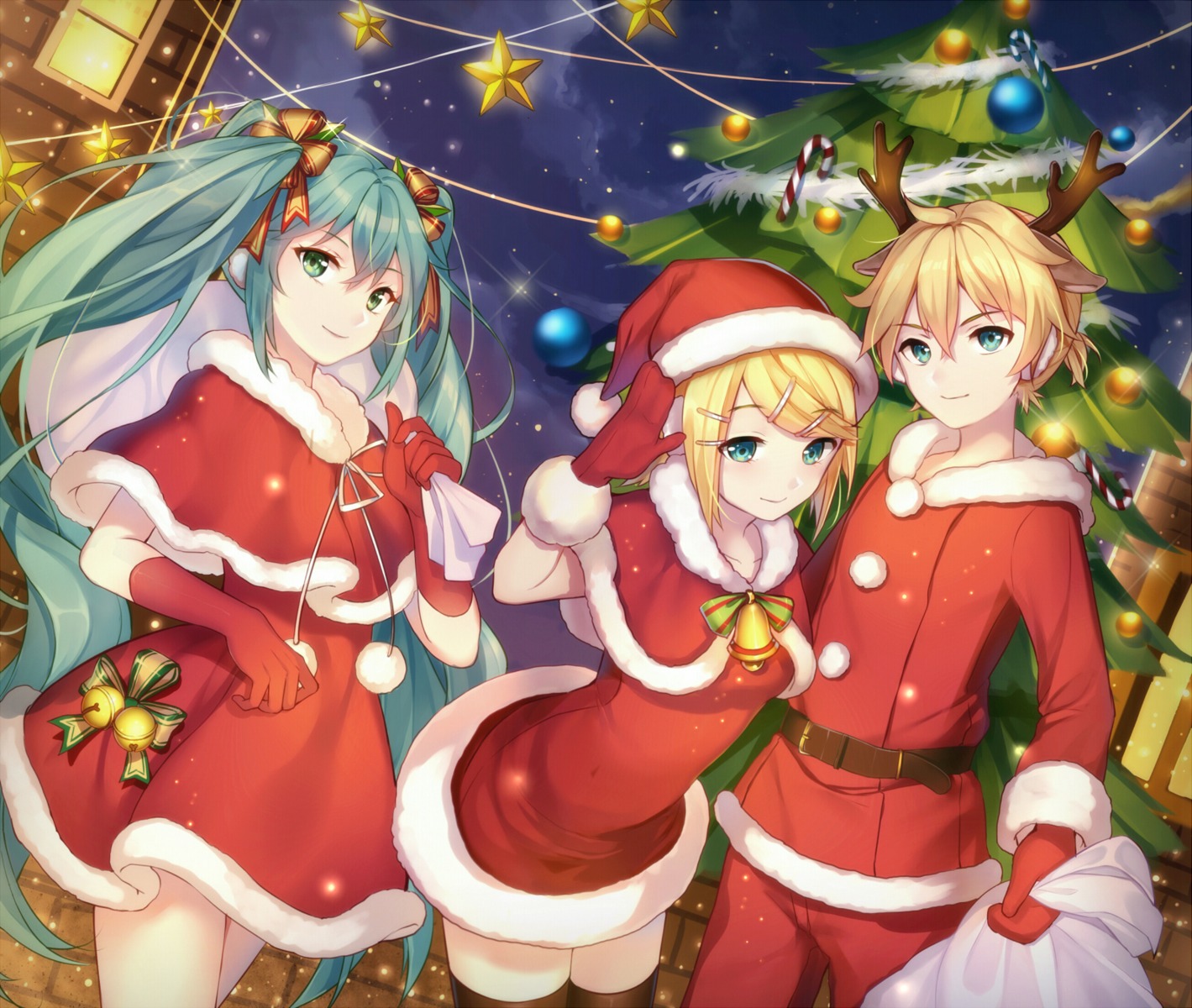 animal_ears, christmas, dress, hatsune_miku, horns, kagamine_len, kagamine_rin, qingshui_ai