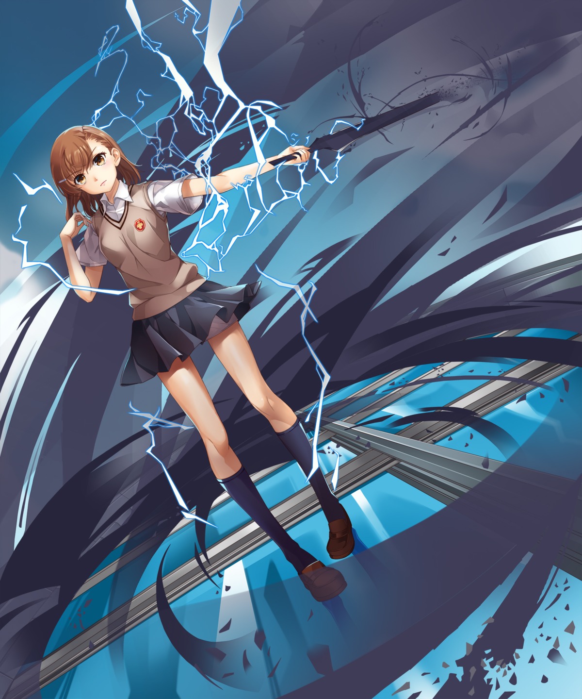 akira_(artist), misaka_mikoto, pantsu, seifuku, sword, toaru_kagaku_no_railgun, toaru_majutsu_no_index