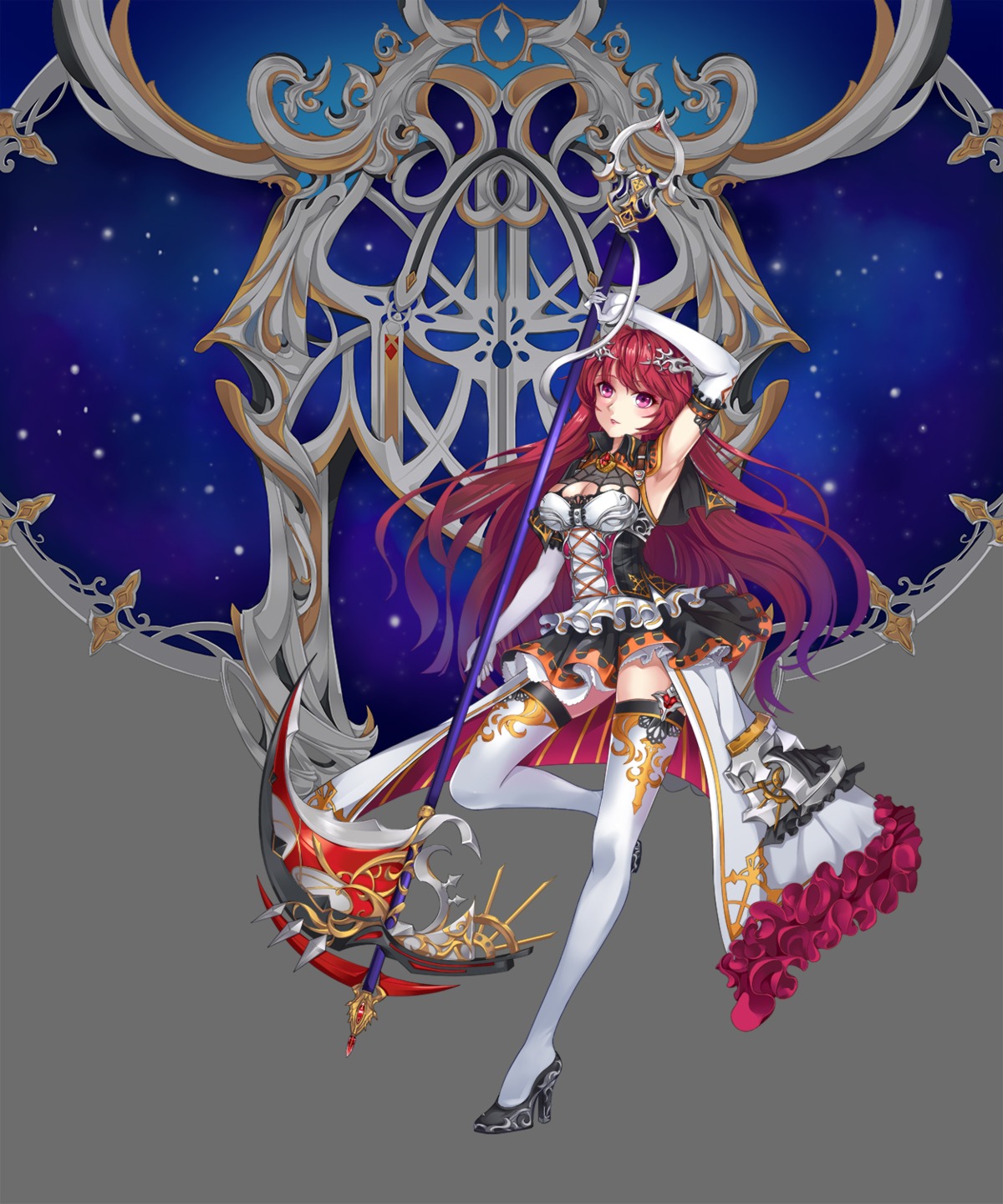 akira_(artist), cleavage, heels, stockings, thighhighs, weapon