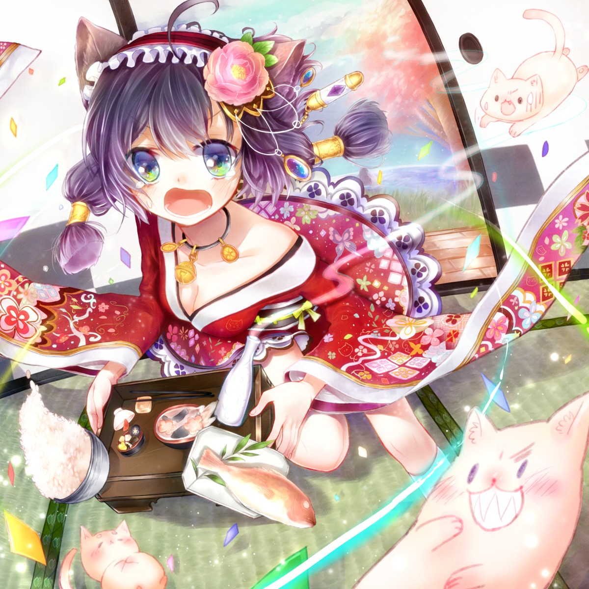amatou_kakao, animal_ears, ayakashi_hyakkiyakou, cleavage, kimono, neko, nekomimi, no_bra